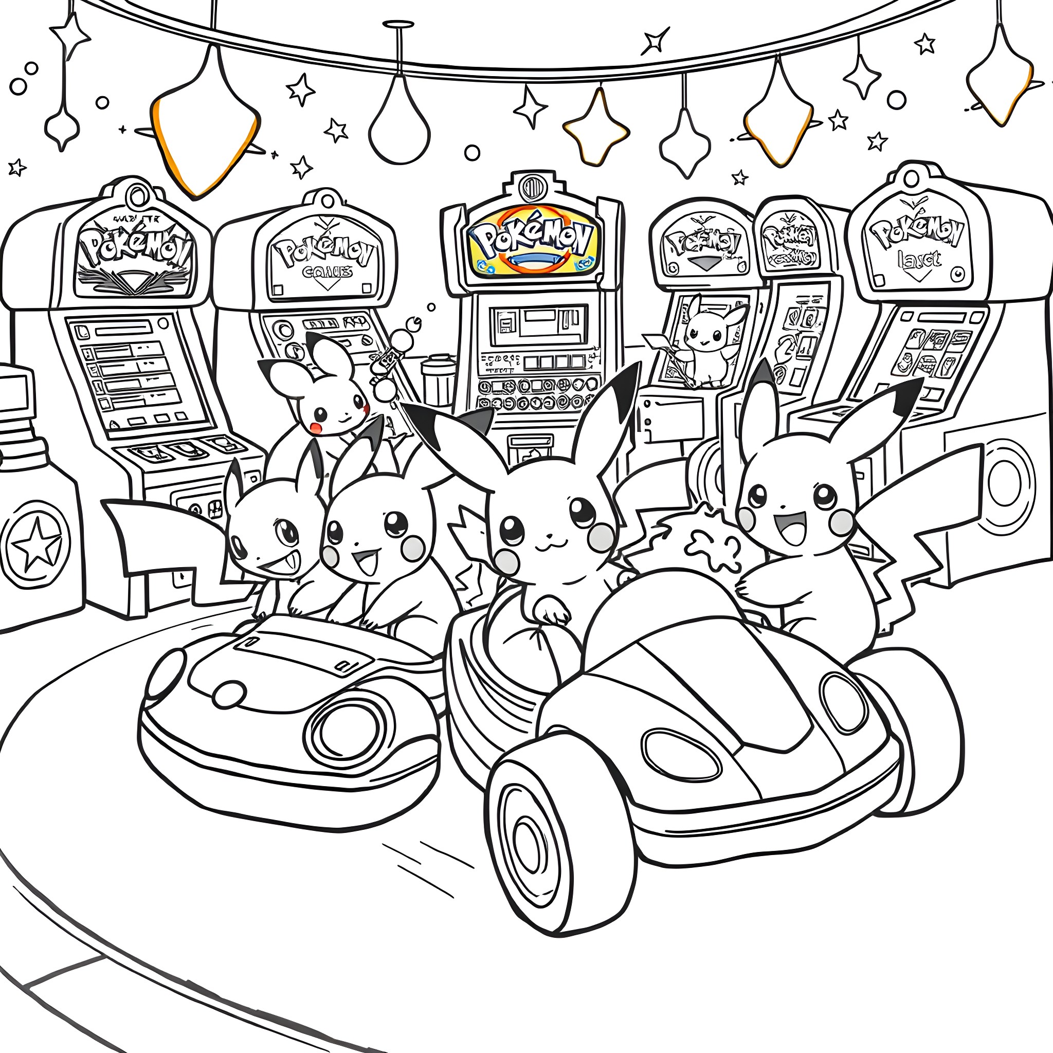 Pokémon characters exploring a gaming arcade Coloring Page (free black-and-white line drawing printable PDF for all, from beginners to advanced learners, including children, teens, adults, and seniors)