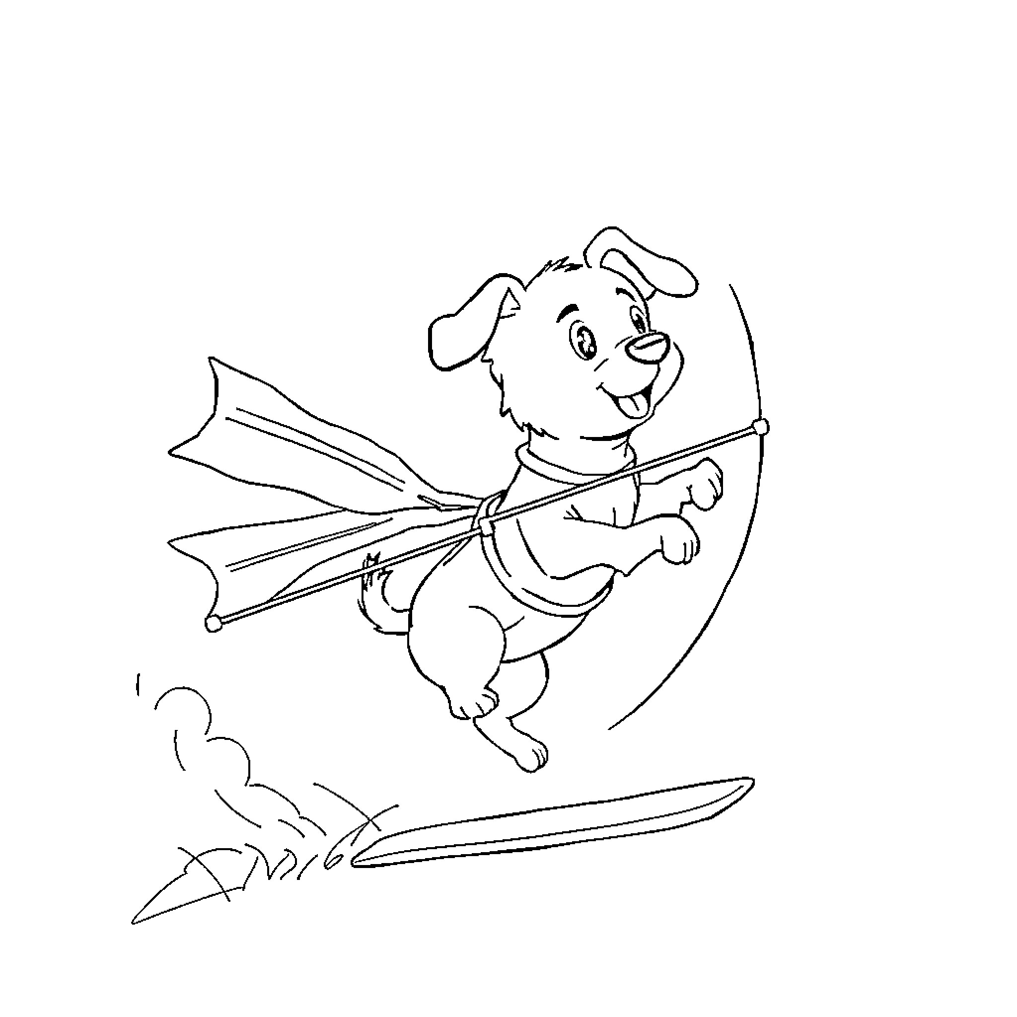 Dog Flying Through the Air with Surfboard Coloring Page (free black-and-white line drawing printable PDF for all, from beginners to advanced learners, including children, teens, adults, and seniors)