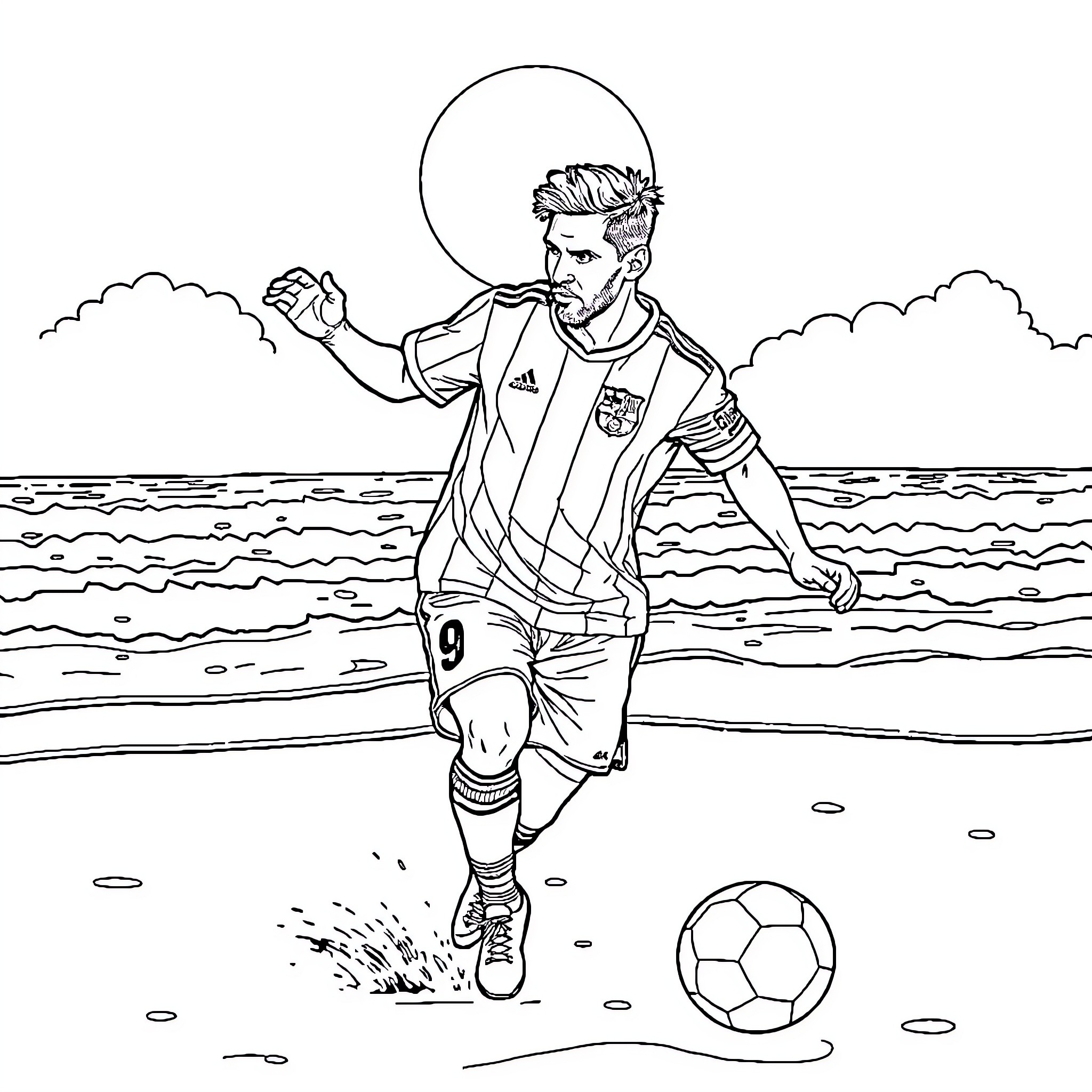 Messi playing soccer by the beach Coloring Page (free black-and-white line drawing printable PDF for all, from beginners to advanced learners, including children, teens, adults, and seniors)