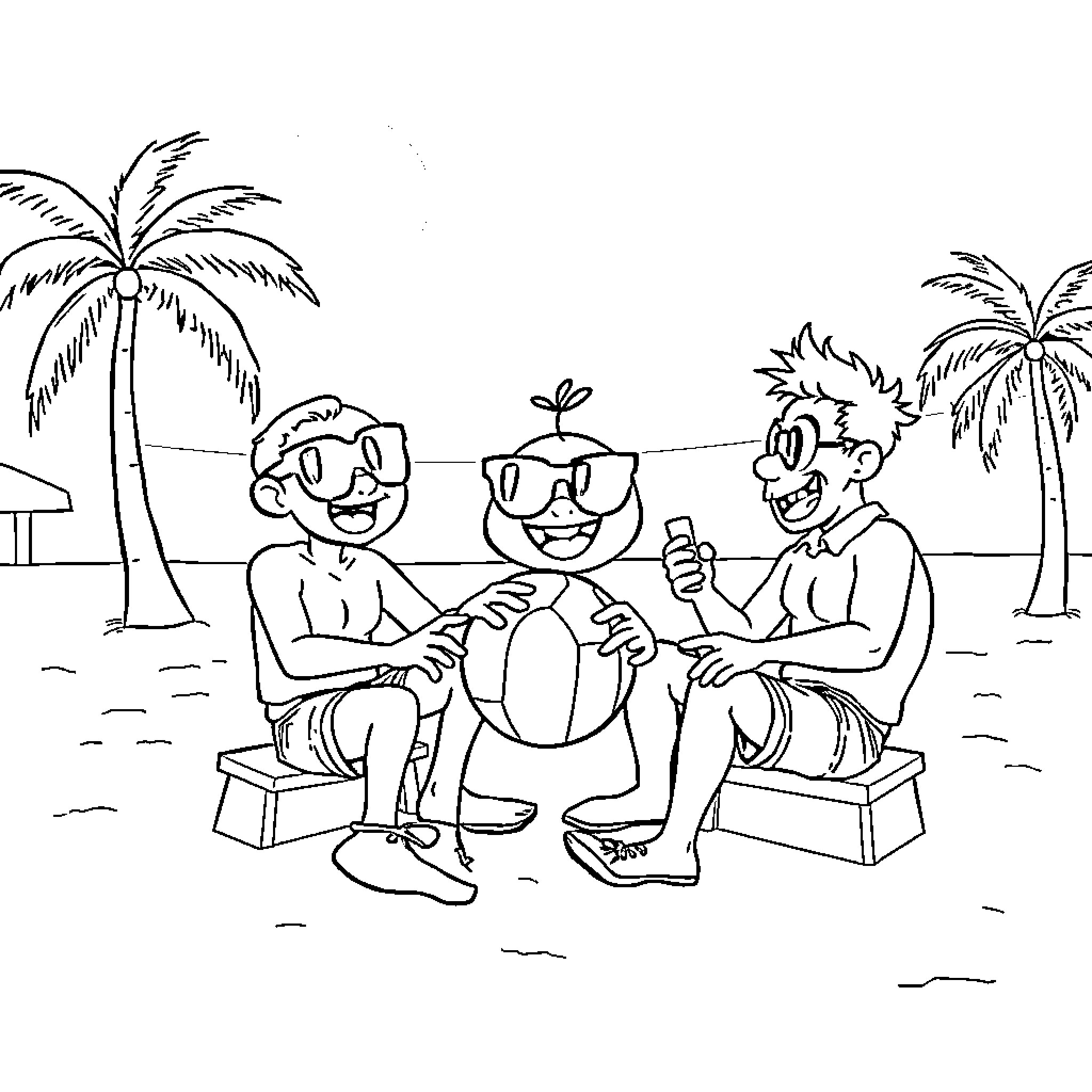 Plim Plim friends enjoying summer day at the beach Coloring Page (free black-and-white line drawing printable PDF for all, from beginners to advanced learners, including children, teens, adults, and seniors)