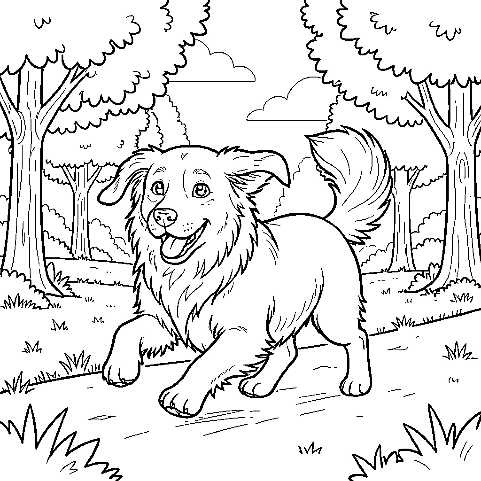 Perro exploring the forest trail happily Coloring Page (free black-and-white line drawing printable PDF for all, from beginners to advanced learners, including children, teens, adults, and seniors)