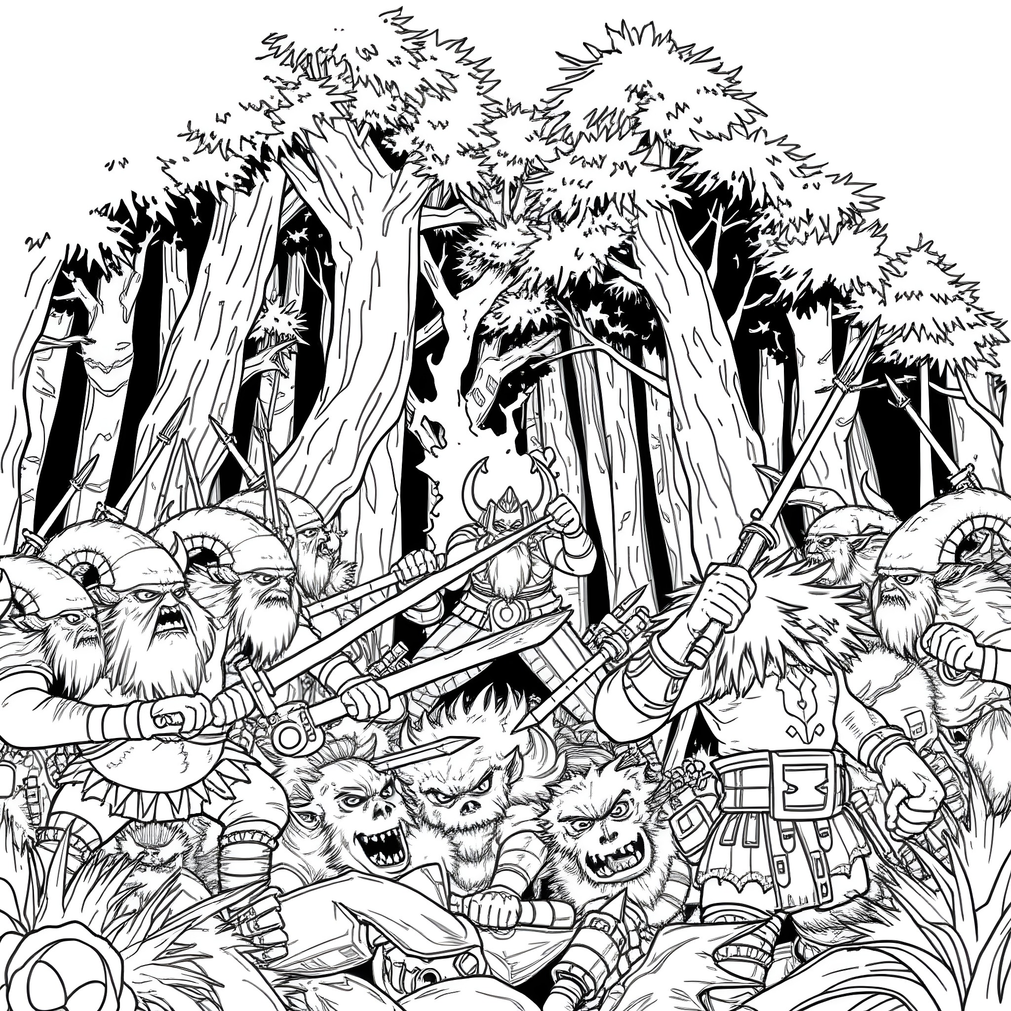 Gnoll warriors battling in a dense forest Coloring Page (free black-and-white line drawing printable PDF for all, from beginners to advanced learners, including children, teens, adults, and seniors)