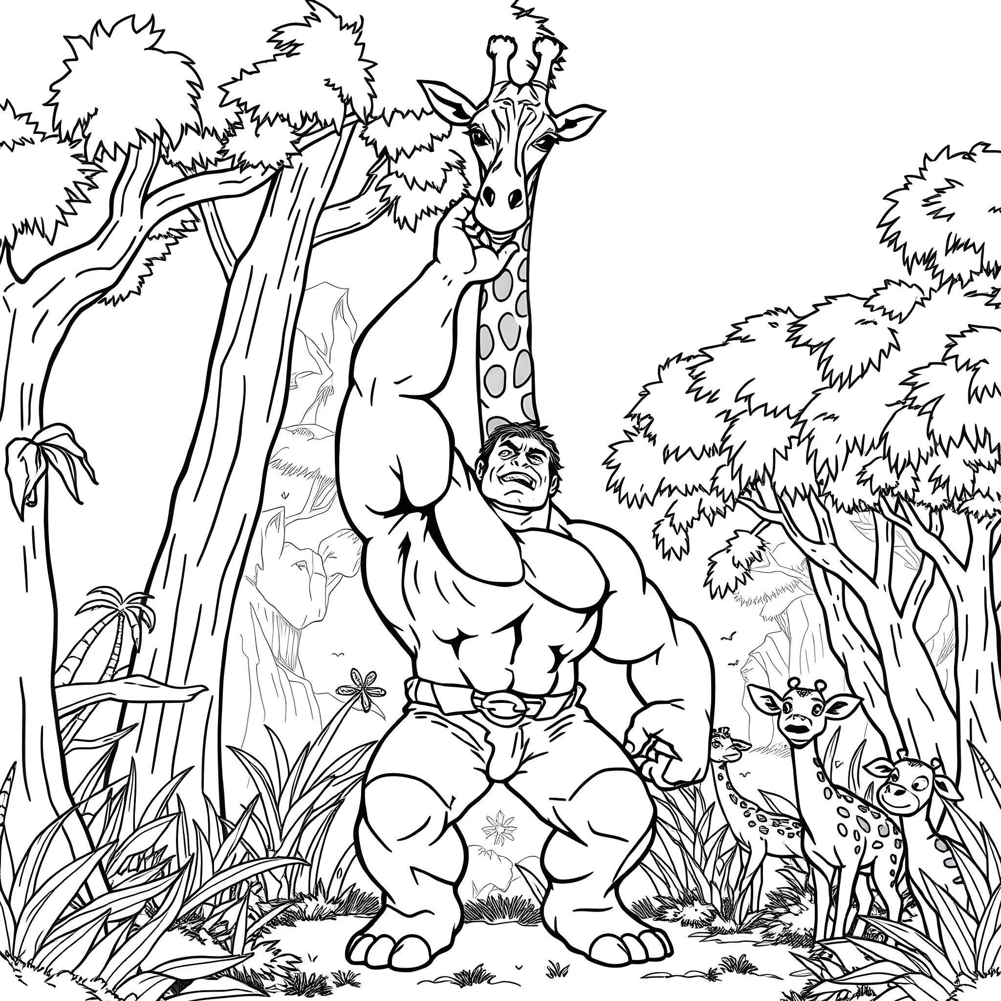 Hulk in the Jungle with Giraffe and Animals Coloring Page (free black-and-white line drawing printable PDF for all, from beginners to advanced learners, including children, teens, adults, and seniors)