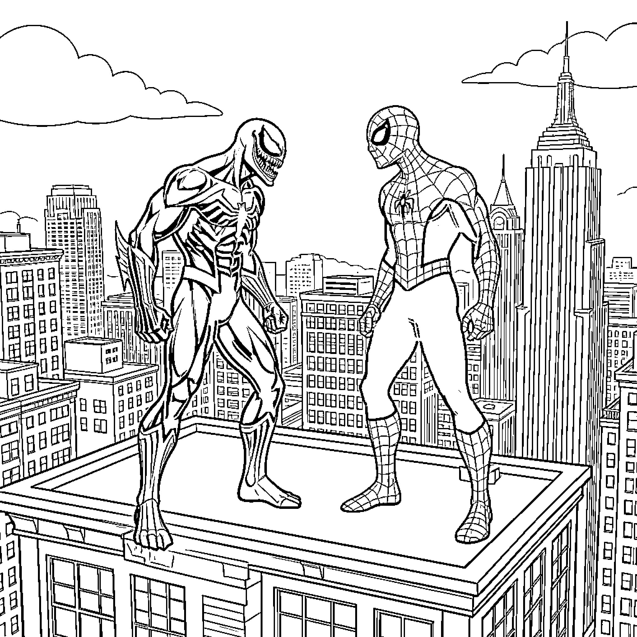 Venom and Spider-Man standing atop a skyscraper in the city Coloring Page (free black-and-white line drawing printable PDF for all, from beginners to advanced learners, including children, teens, adults, and seniors)