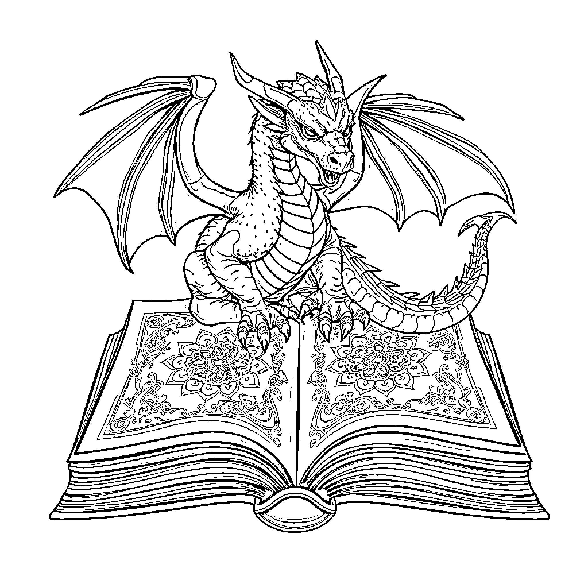 Dragon Emerging from the Pages of an Open Book Coloring Page (free black-and-white line drawing printable PDF for all, from beginners to advanced learners, including children, teens, adults, and seniors)