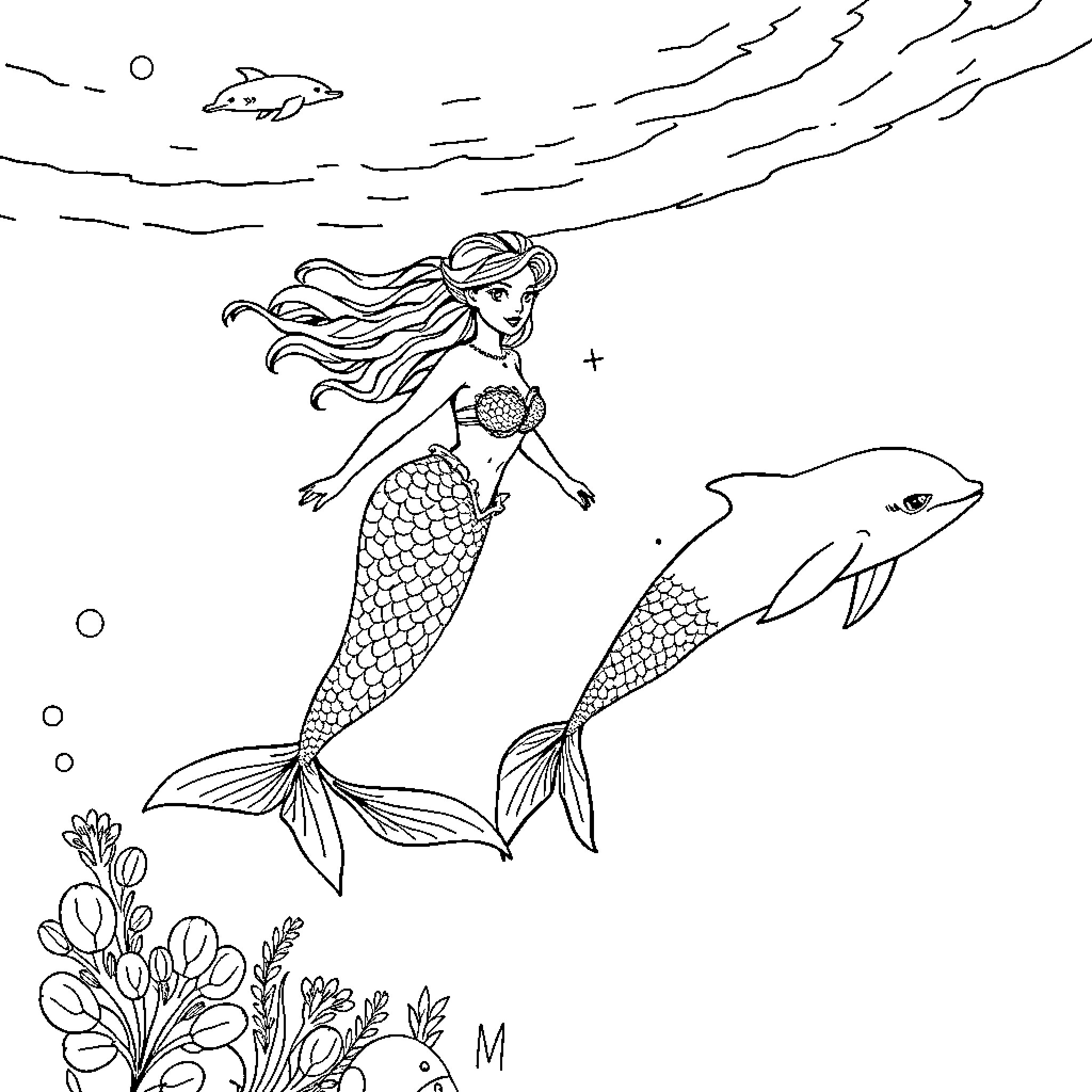 Mermaid swimming gracefully in the ocean Coloring Page (free black-and-white line drawing printable PDF for all, from beginners to advanced learners, including children, teens, adults, and seniors)