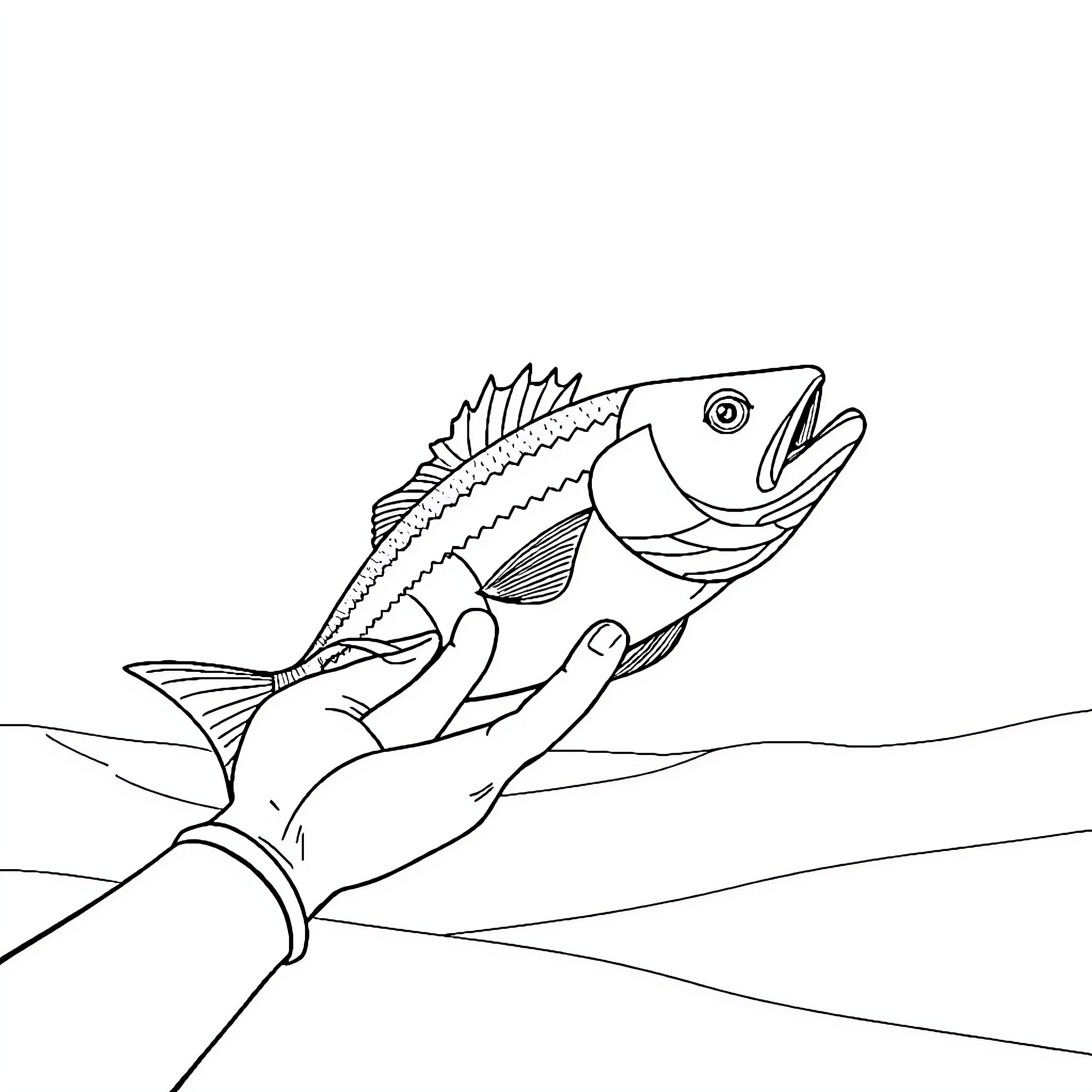 Fish caught by hand in water Coloring Page (free black-and-white line drawing printable PDF for all, from beginners to advanced learners, including children, teens, adults, and seniors)