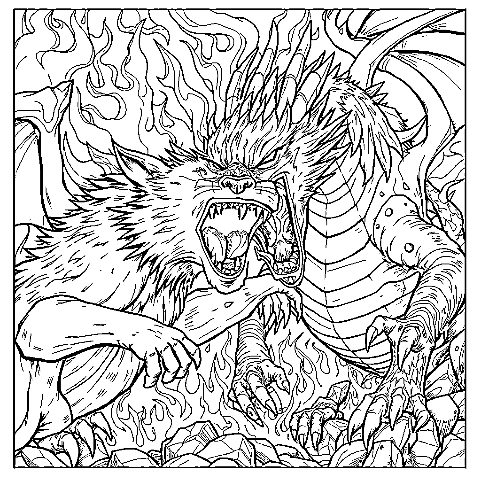 Wolf Ferociously Roaring in Fiery Landscape Coloring Page (free black-and-white line drawing printable PDF for all, from beginners to advanced learners, including children, teens, adults, and seniors)