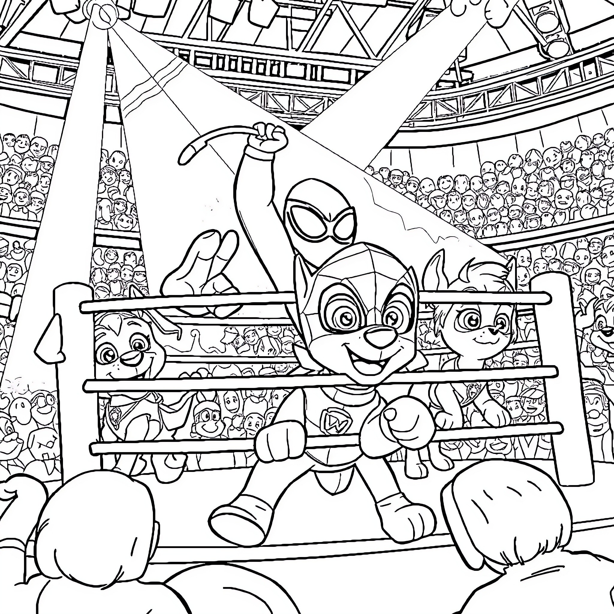 Paw Patrol Performing Heroic Stunts in the Arena Coloring Page (free black-and-white line drawing printable PDF for all, from beginners to advanced learners, including children, teens, adults, and seniors)