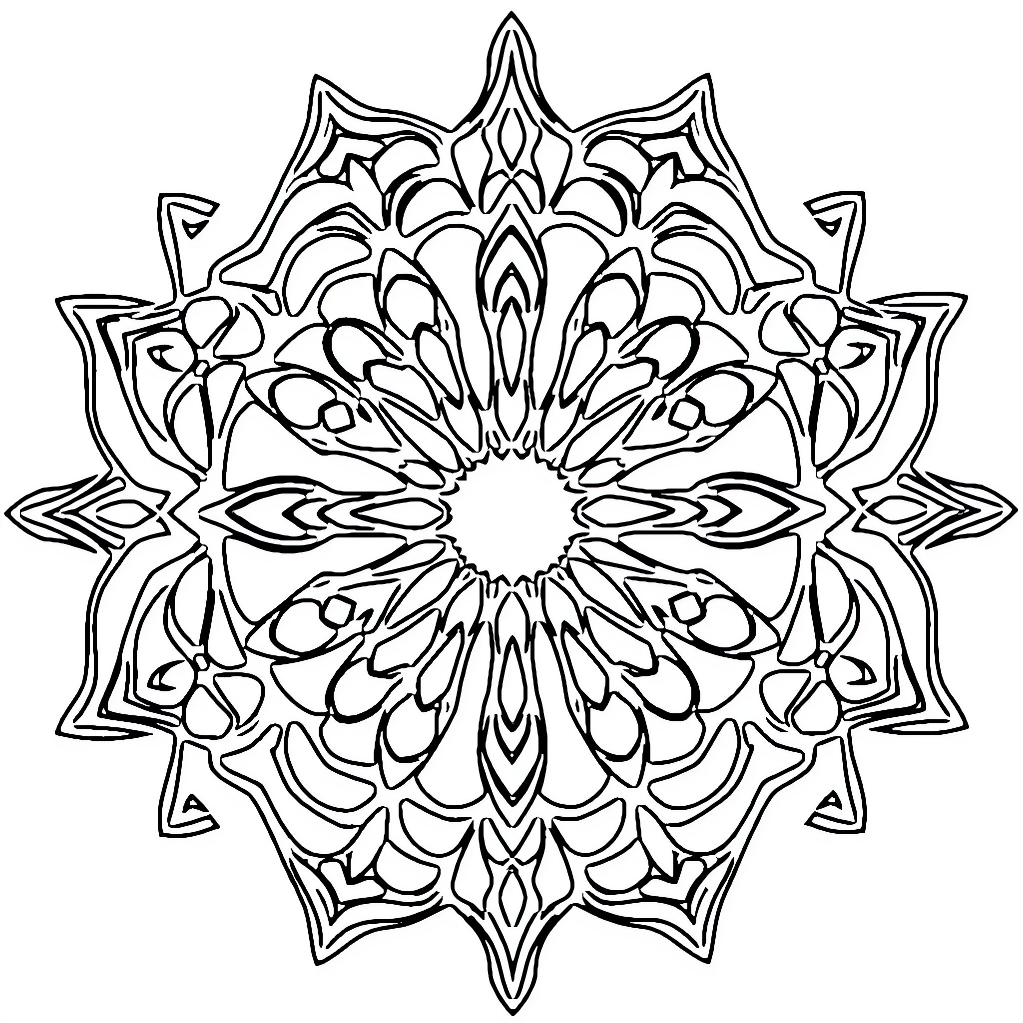 Mandala of intricate floral patterns Coloring Page (free black-and-white line drawing printable PDF for all, from beginners to advanced learners, including children, teens, adults, and seniors)