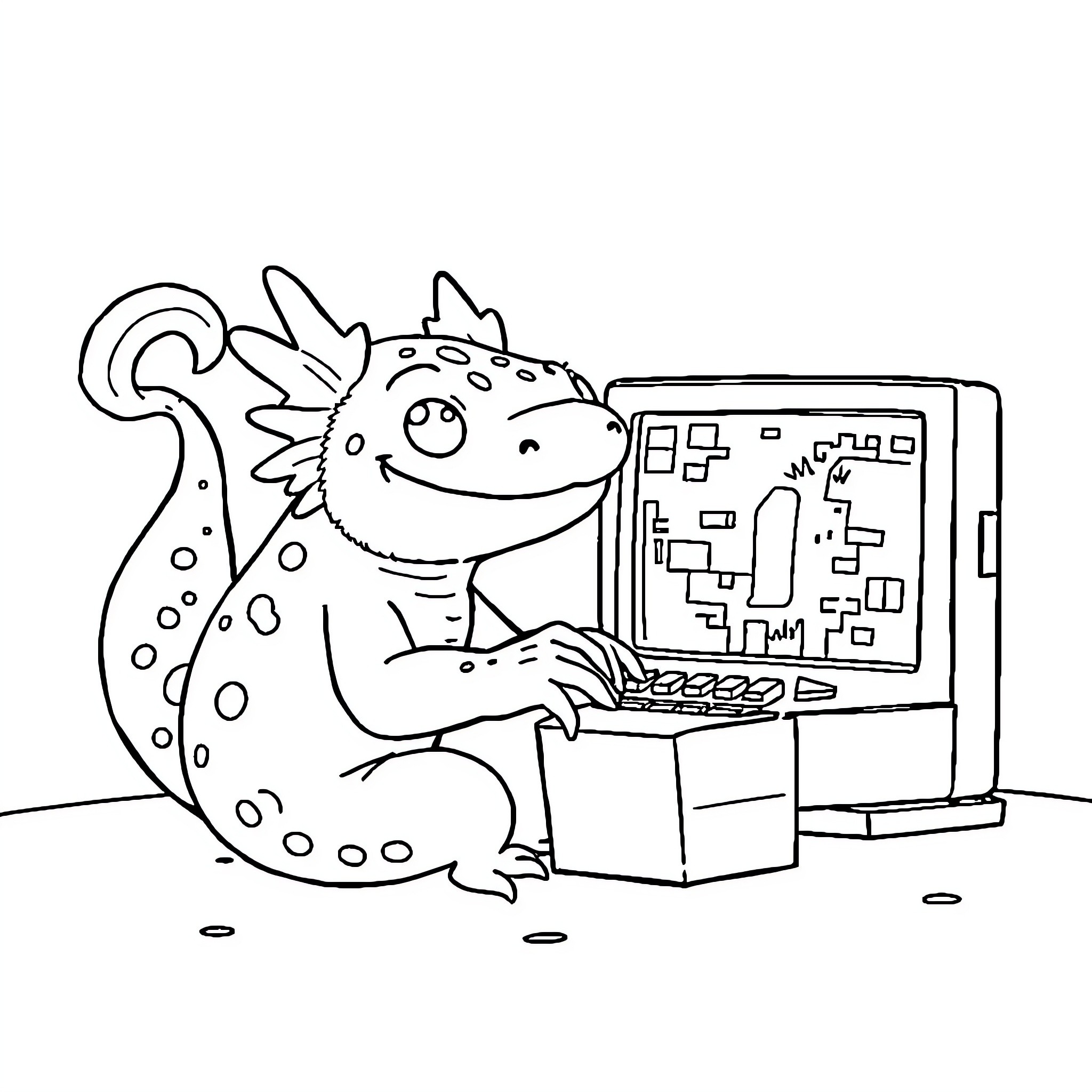 Axolotl playing computer games at desk Coloring Page (free black-and-white line drawing printable PDF for all, from beginners to advanced learners, including children, teens, adults, and seniors)