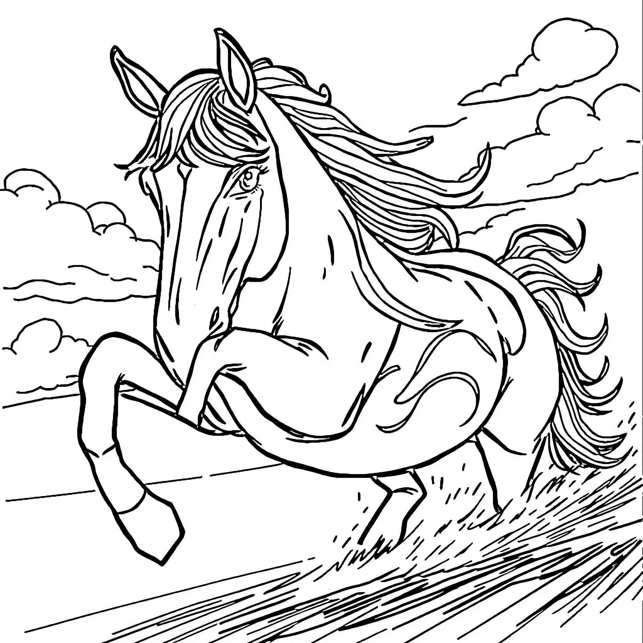 Race Car Horse Galloping Across Stormy Landscape Coloring Page (free black-and-white line drawing printable PDF for all, from beginners to advanced learners, including children, teens, adults, and seniors)