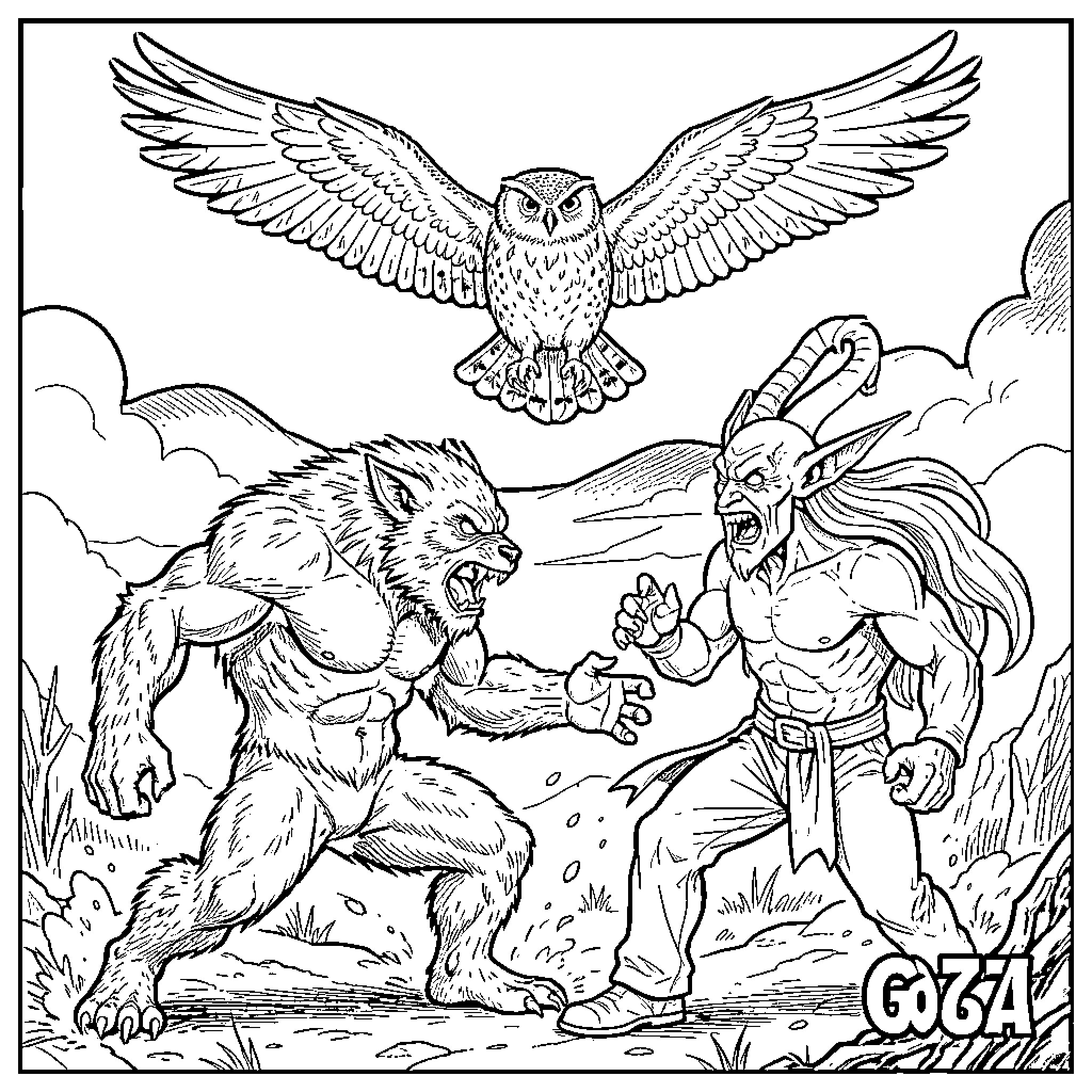 Werewolf battle against a monstrous creature under a winged owl Coloring Page (free black-and-white line drawing printable PDF for all, from beginners to advanced learners, including children, teens, adults, and seniors)