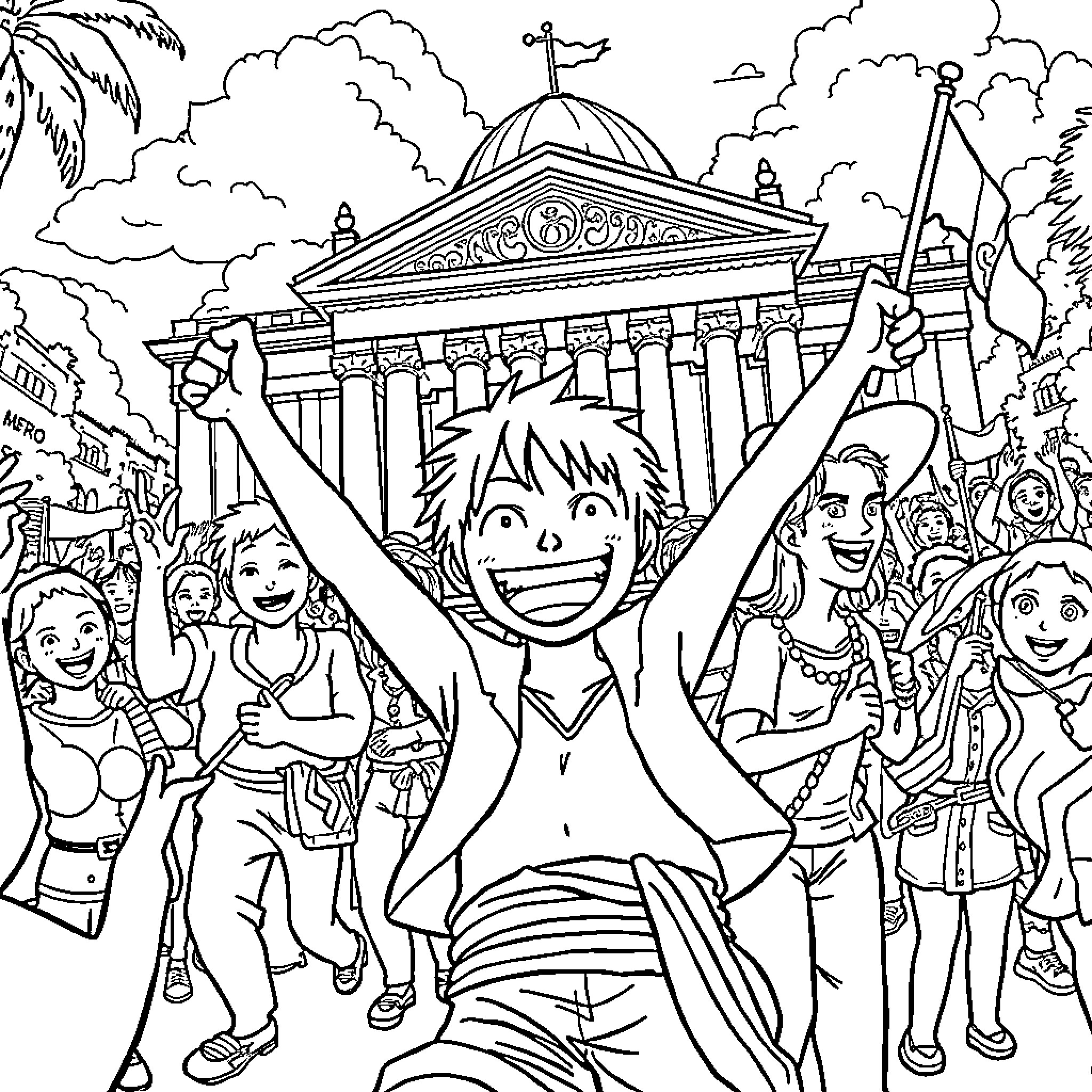 Luffy celebrating with friends in a lively parade Coloring Page (free black-and-white line drawing printable PDF for all, from beginners to advanced learners, including children, teens, adults, and seniors)