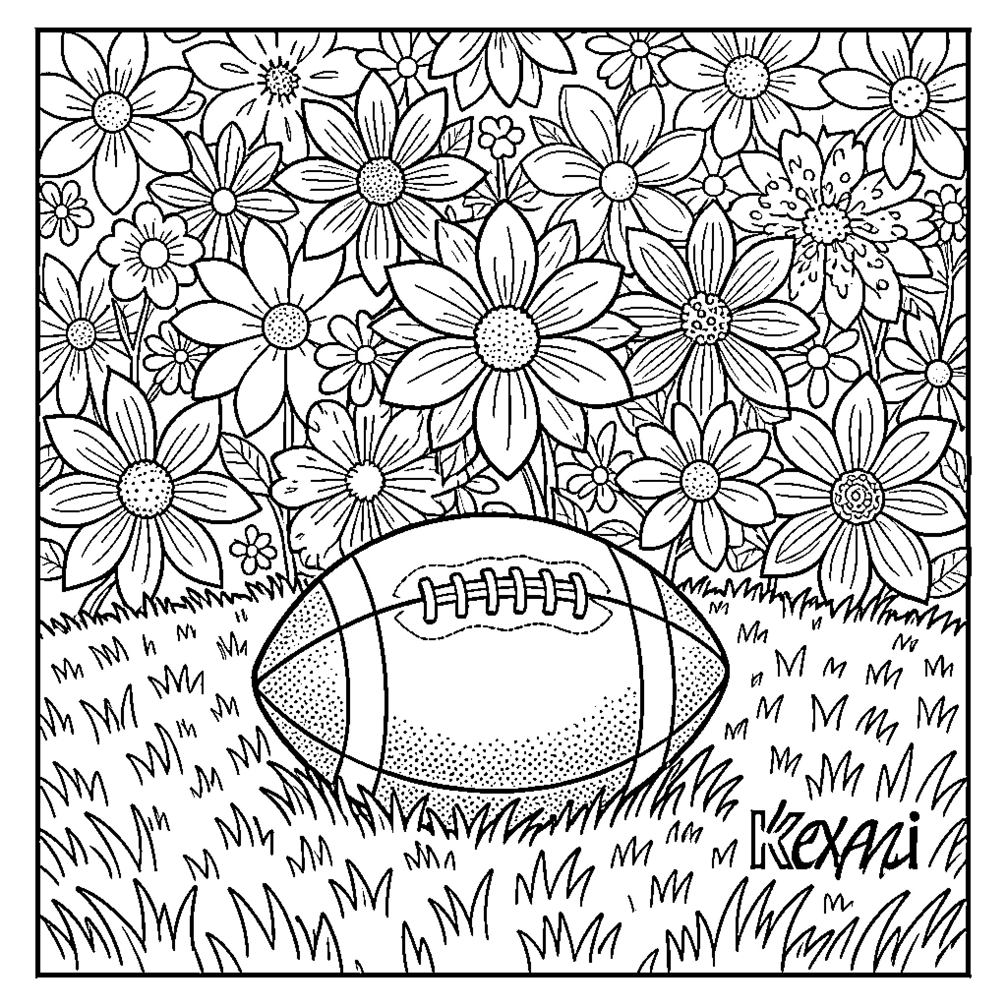 Football flowers in the meadow Coloring Page (free black-and-white line drawing printable PDF for all, from beginners to advanced learners, including children, teens, adults, and seniors)