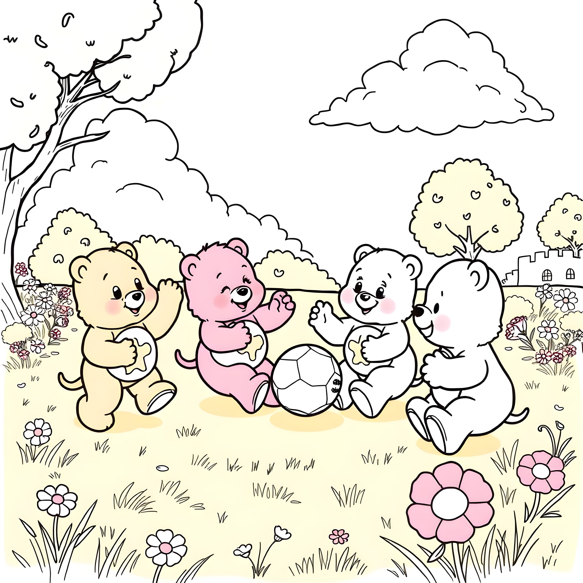 Care Bears playing happily in the meadow Coloring Page (free black-and-white line drawing printable PDF for all, from beginners to advanced learners, including children, teens, adults, and seniors)
