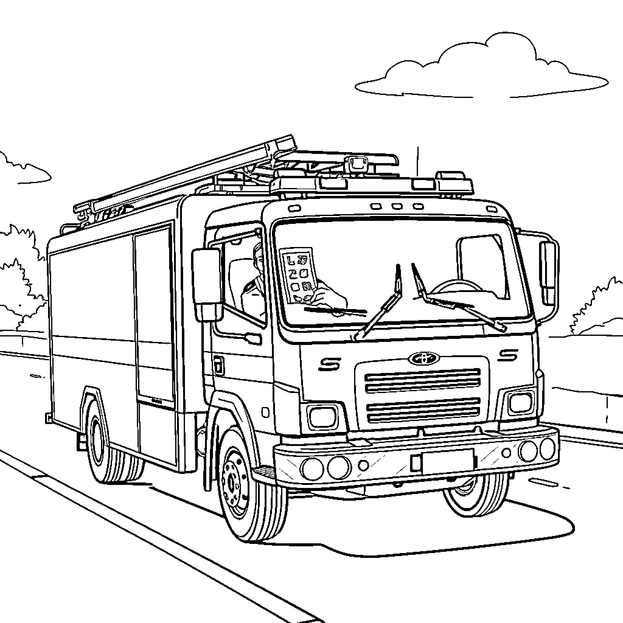 Camion Pompier responding to an emergency call Coloring Page (free black-and-white line drawing printable PDF for all, from beginners to advanced learners, including children, teens, adults, and seniors)
