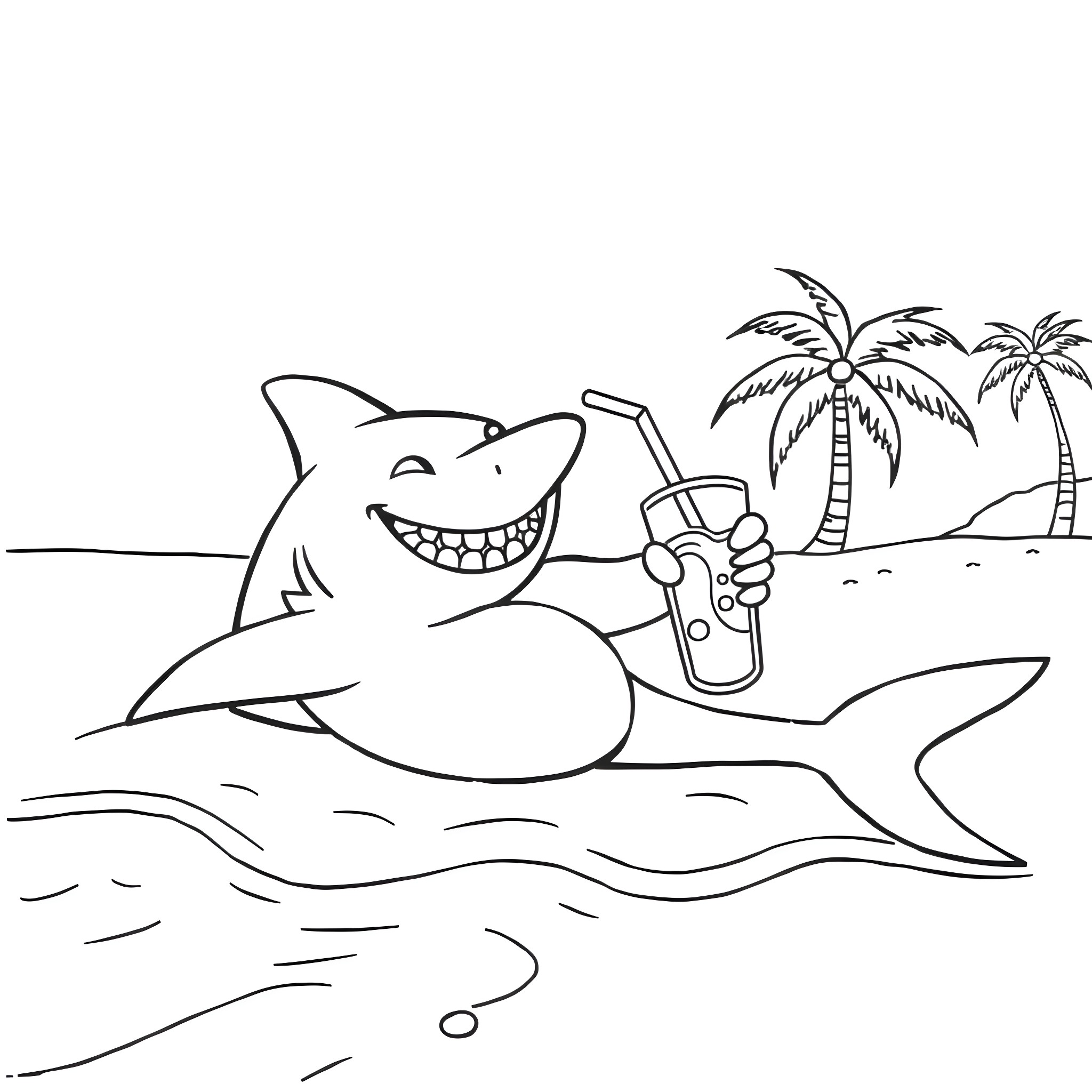 Shark enjoying a tropical drink on the beach Coloring Page (free black-and-white line drawing printable PDF for all, from beginners to advanced learners, including children, teens, adults, and seniors)