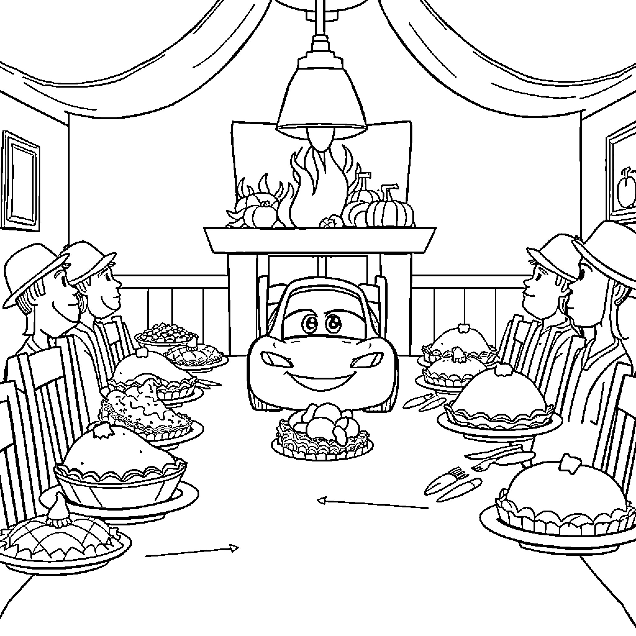 Lightning McQueen enjoying a feast with his friends Coloring Page (free black-and-white line drawing printable PDF for all, from beginners to advanced learners, including children, teens, adults, and seniors)