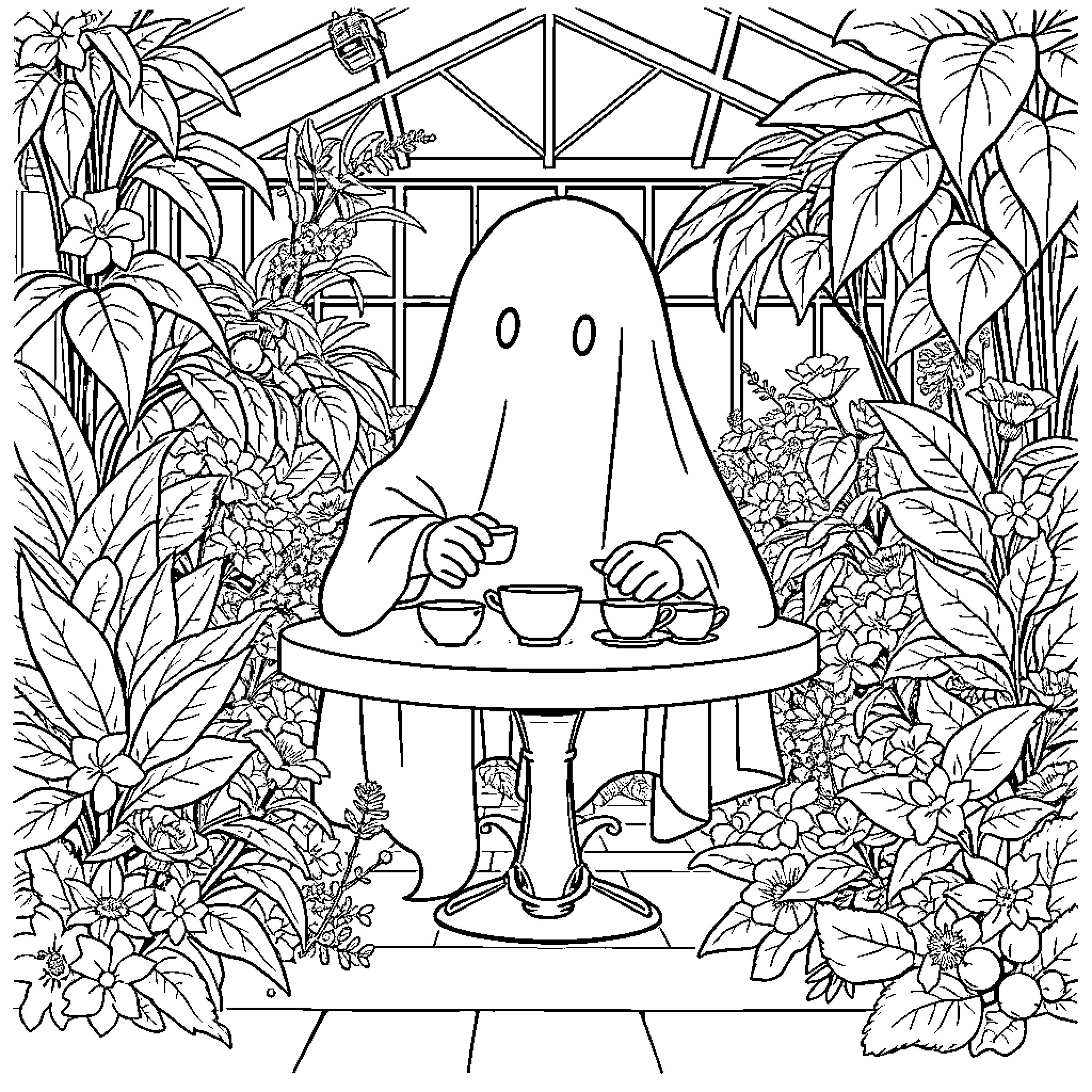 Ghost enjoying tea in a lush greenhouse Coloring Page (free black-and-white line drawing printable PDF for all, from beginners to advanced learners, including children, teens, adults, and seniors)