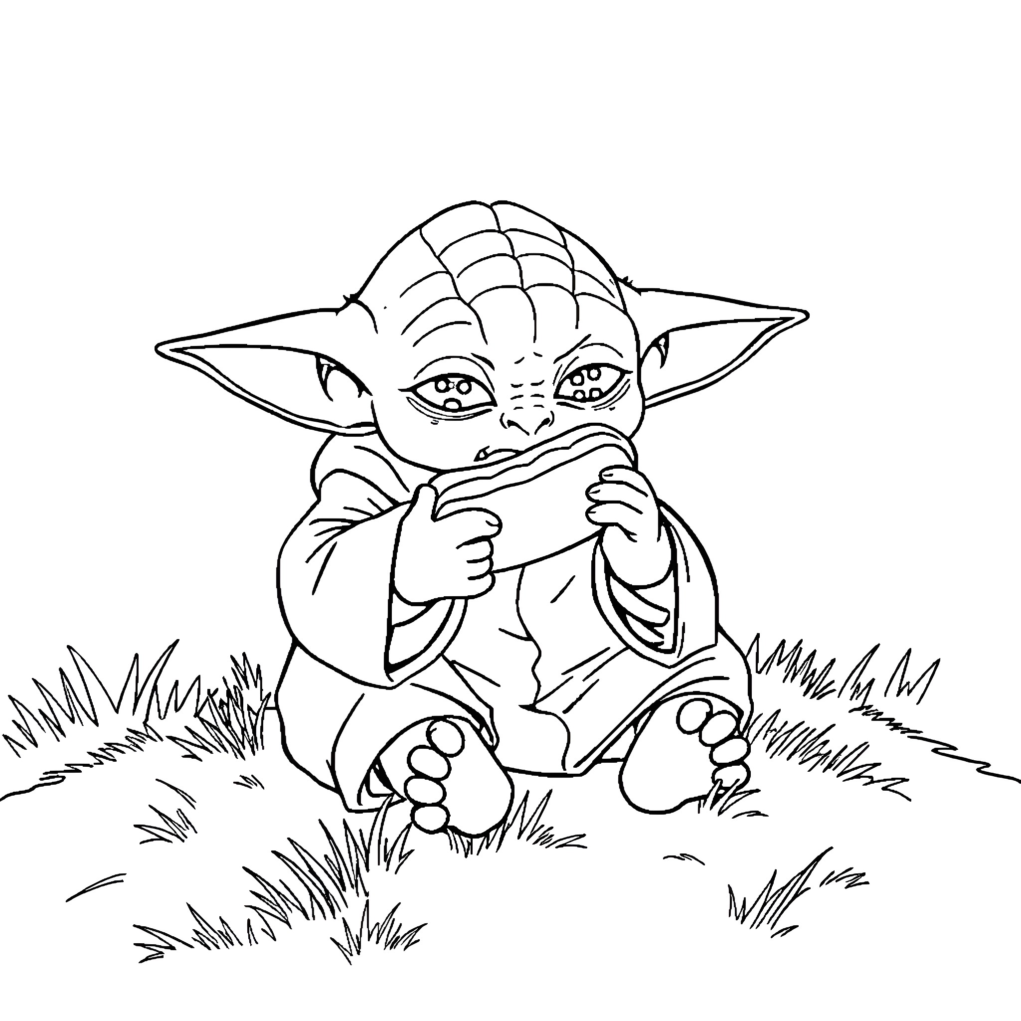 Yoda resting peacefully in the meadow Coloring Page (free black-and-white line drawing printable PDF for all, from beginners to advanced learners, including children, teens, adults, and seniors)
