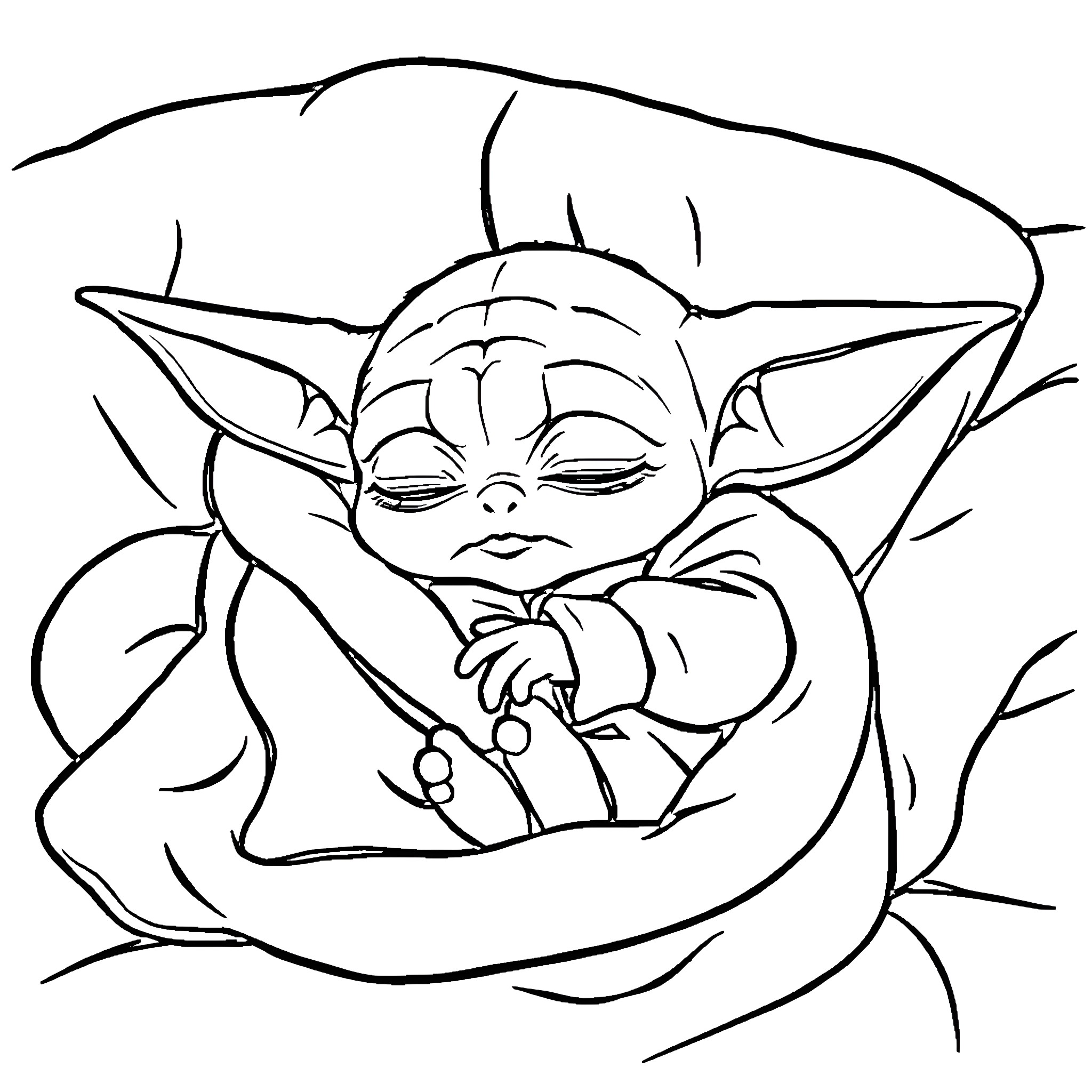 Baby Yoda sleeping peacefully in a cozy blanket Coloring Page (free black-and-white line drawing printable PDF for all, from beginners to advanced learners, including children, teens, adults, and seniors)