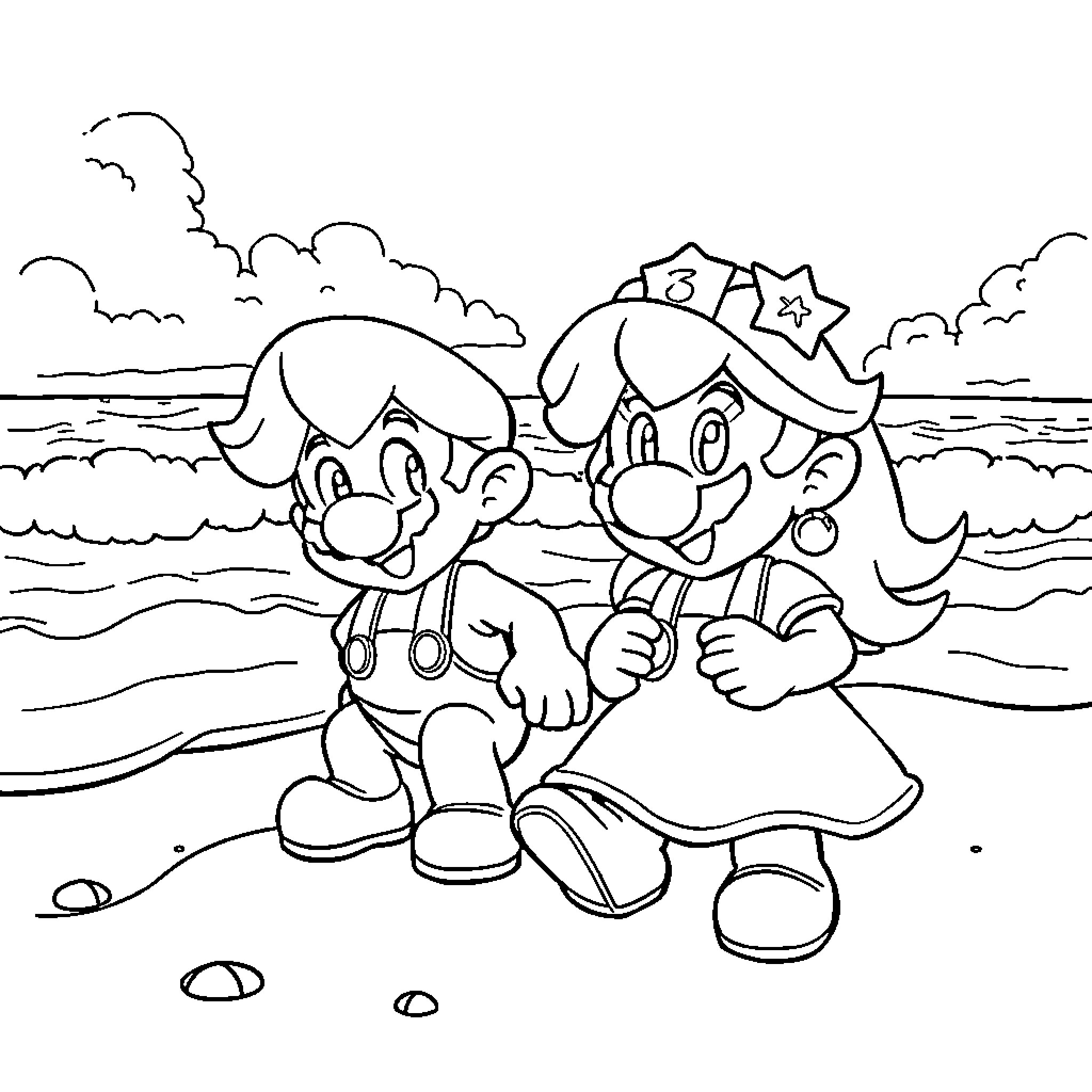 Mario and Princess enjoying the beach Coloring Page (free black-and-white line drawing printable PDF for all, from beginners to advanced learners, including children, teens, adults, and seniors)