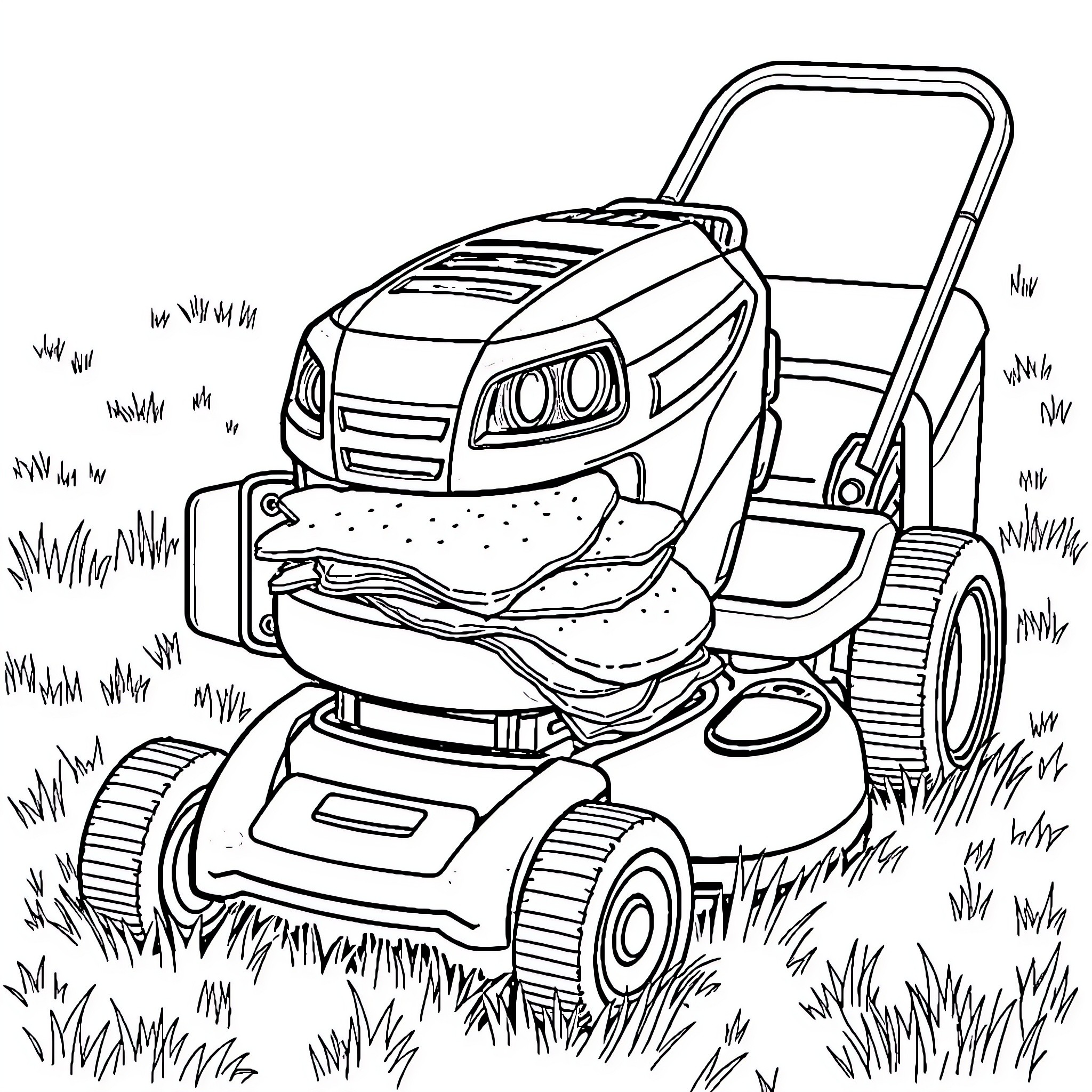 Lawnmower mowing the grass in the yard Coloring Page (free black-and-white line drawing printable PDF for all, from beginners to advanced learners, including children, teens, adults, and seniors)