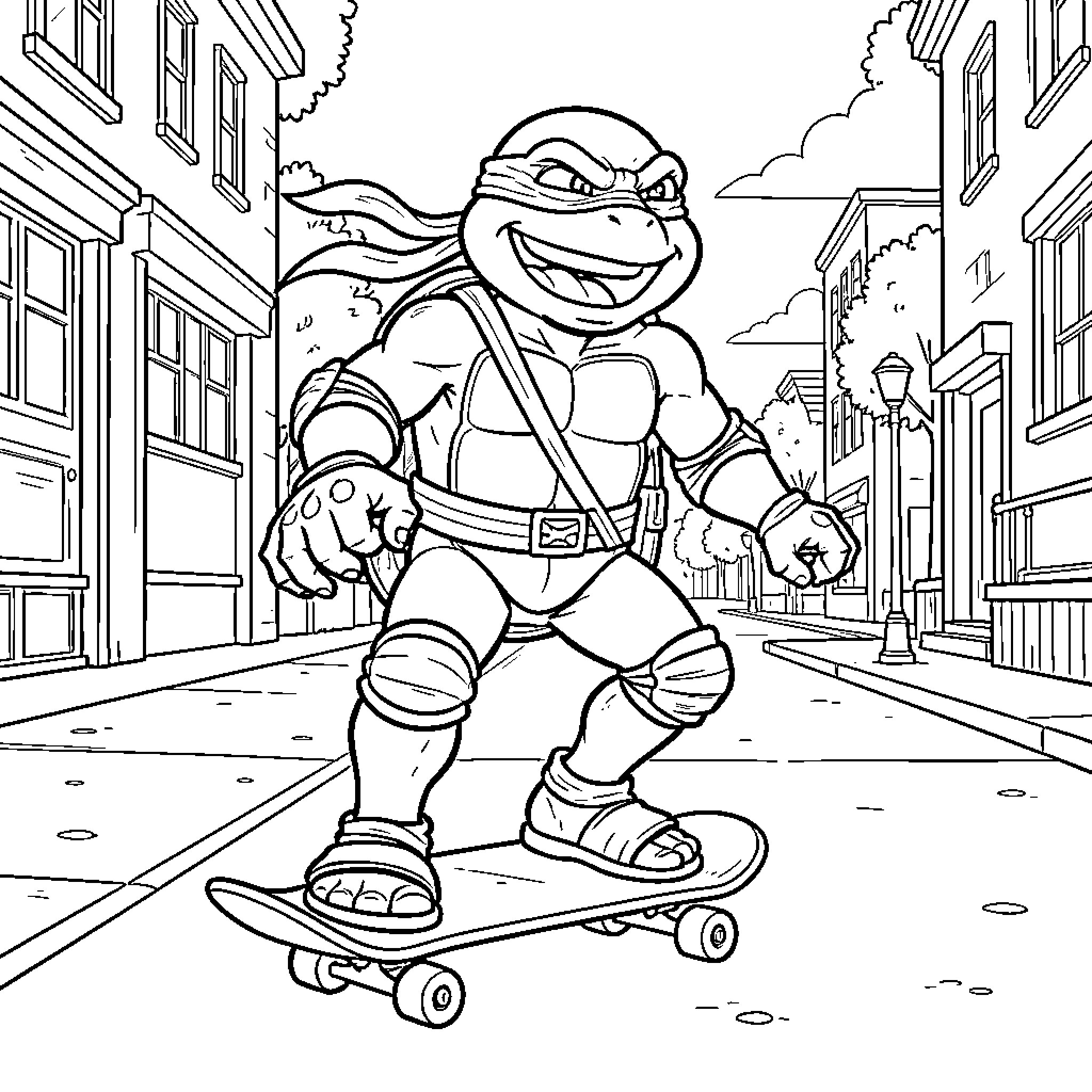 Michael Angelo riding a skateboard through city streets Coloring Page (free black-and-white line drawing printable PDF for all, from beginners to advanced learners, including children, teens, adults, and seniors)