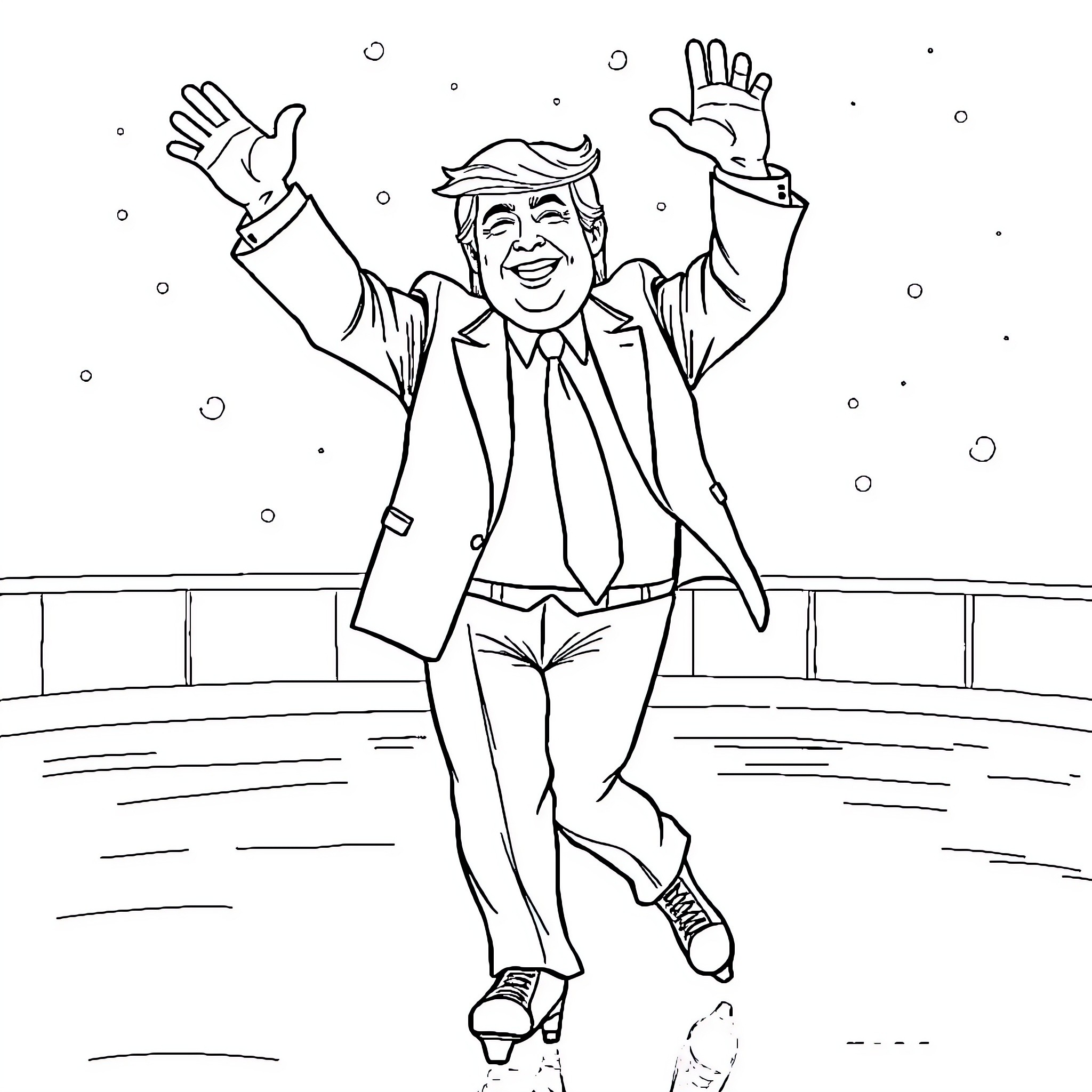 Trump celebrating joyfully on stage Coloring Page (free black-and-white line drawing printable PDF for all, from beginners to advanced learners, including children, teens, adults, and seniors)