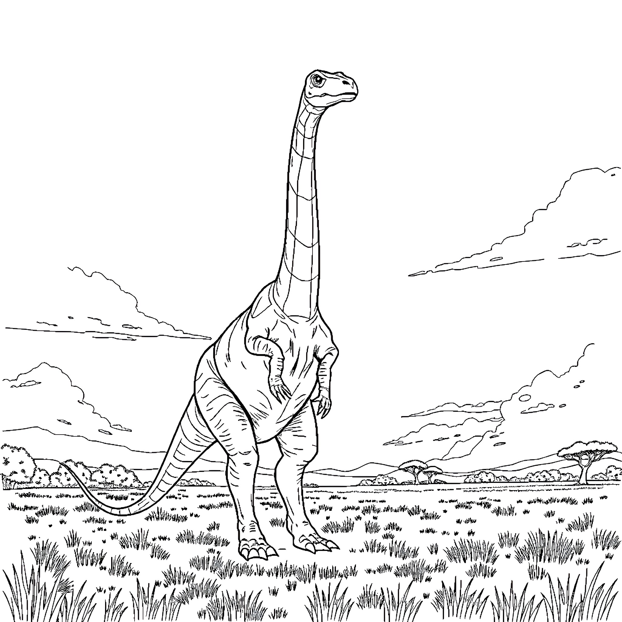 Brachiosaurus exploring the prehistoric landscape Coloring Page (free black-and-white line drawing printable PDF for all, from beginners to advanced learners, including children, teens, adults, and seniors)
