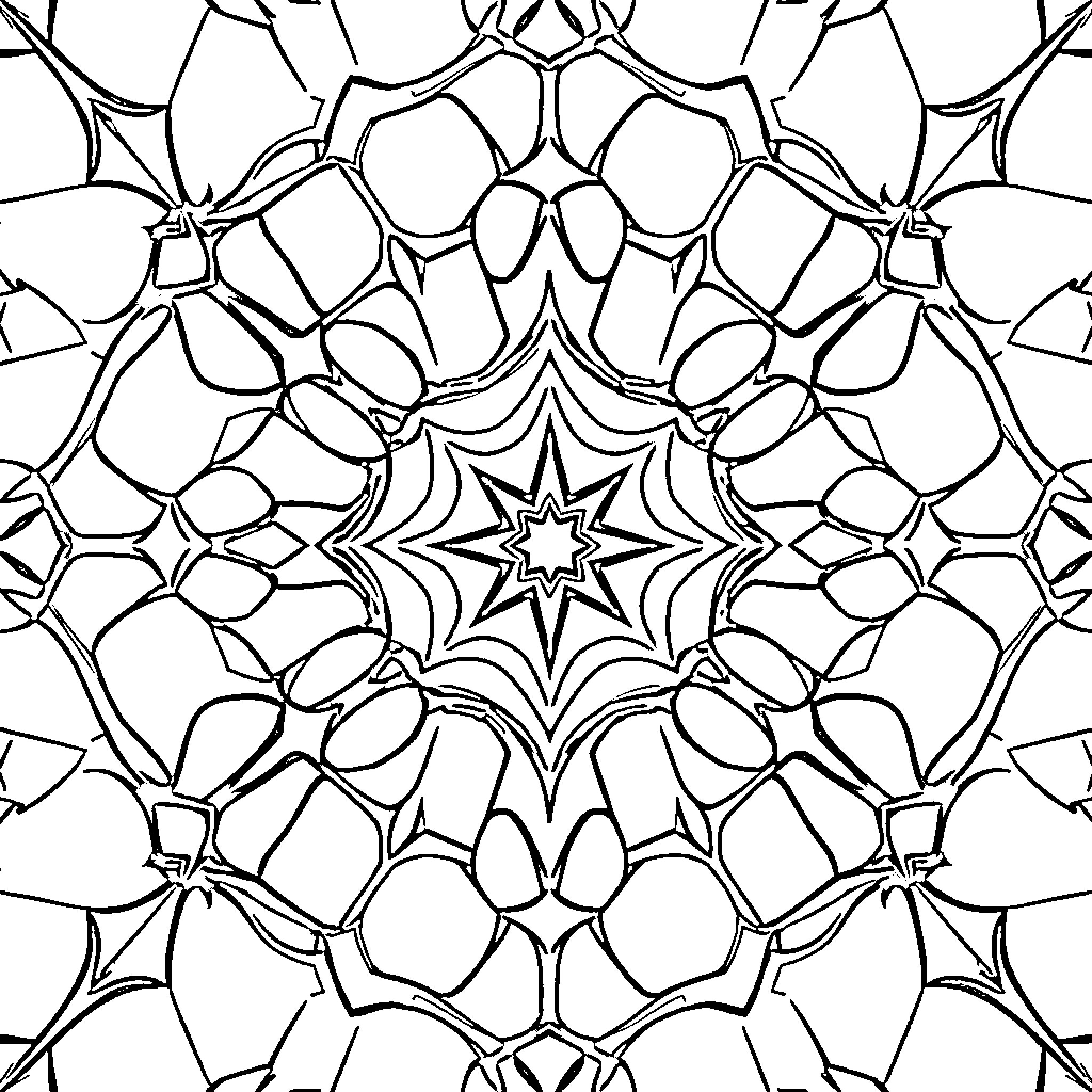 Hexagon Symmetrical Abstract Pattern Coloring Page (free black-and-white line drawing printable PDF for all, from beginners to advanced learners, including children, teens, adults, and seniors)