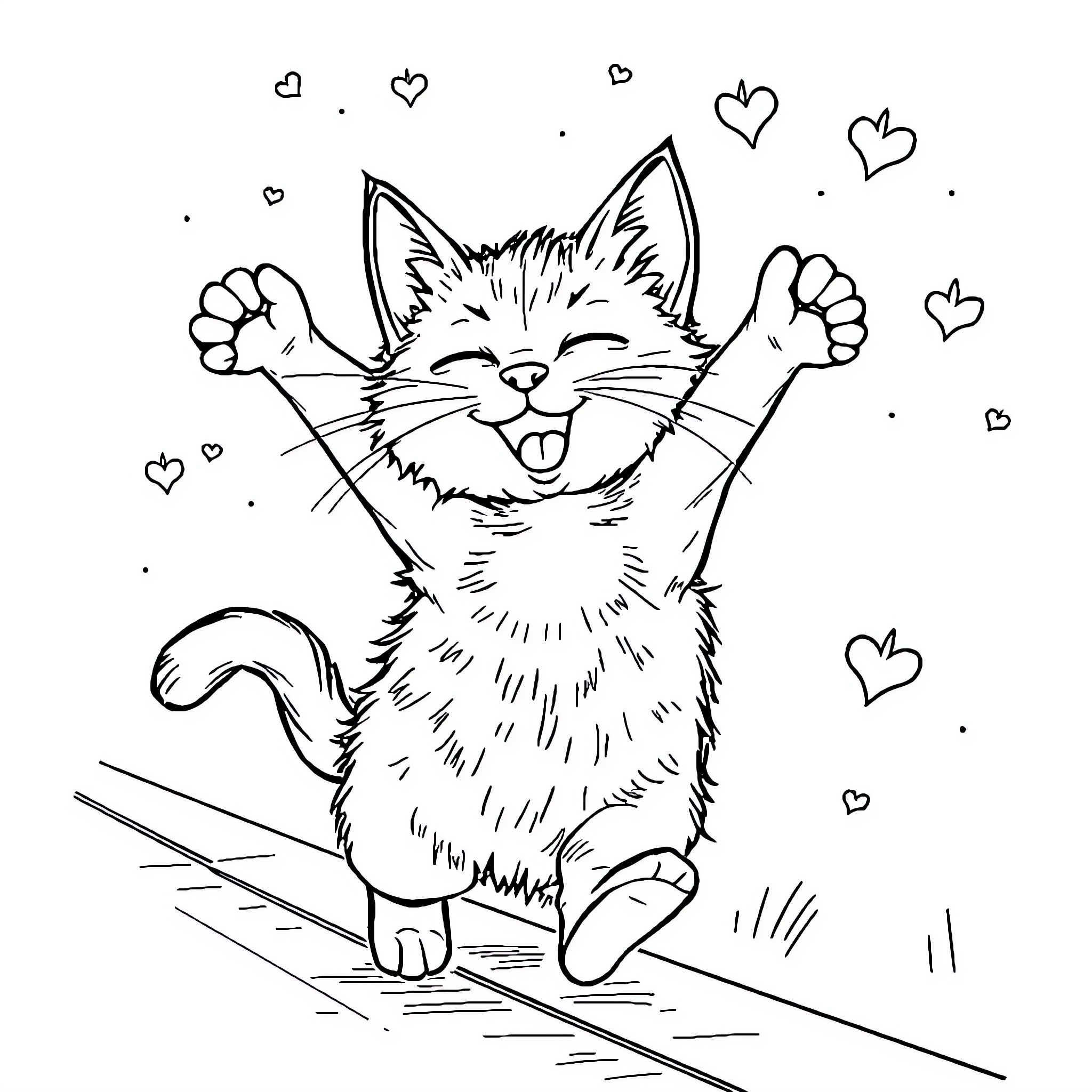 Cat joyfully raising its paws amidst hearts Coloring Page (free black-and-white line drawing printable PDF for all, from beginners to advanced learners, including children, teens, adults, and seniors)