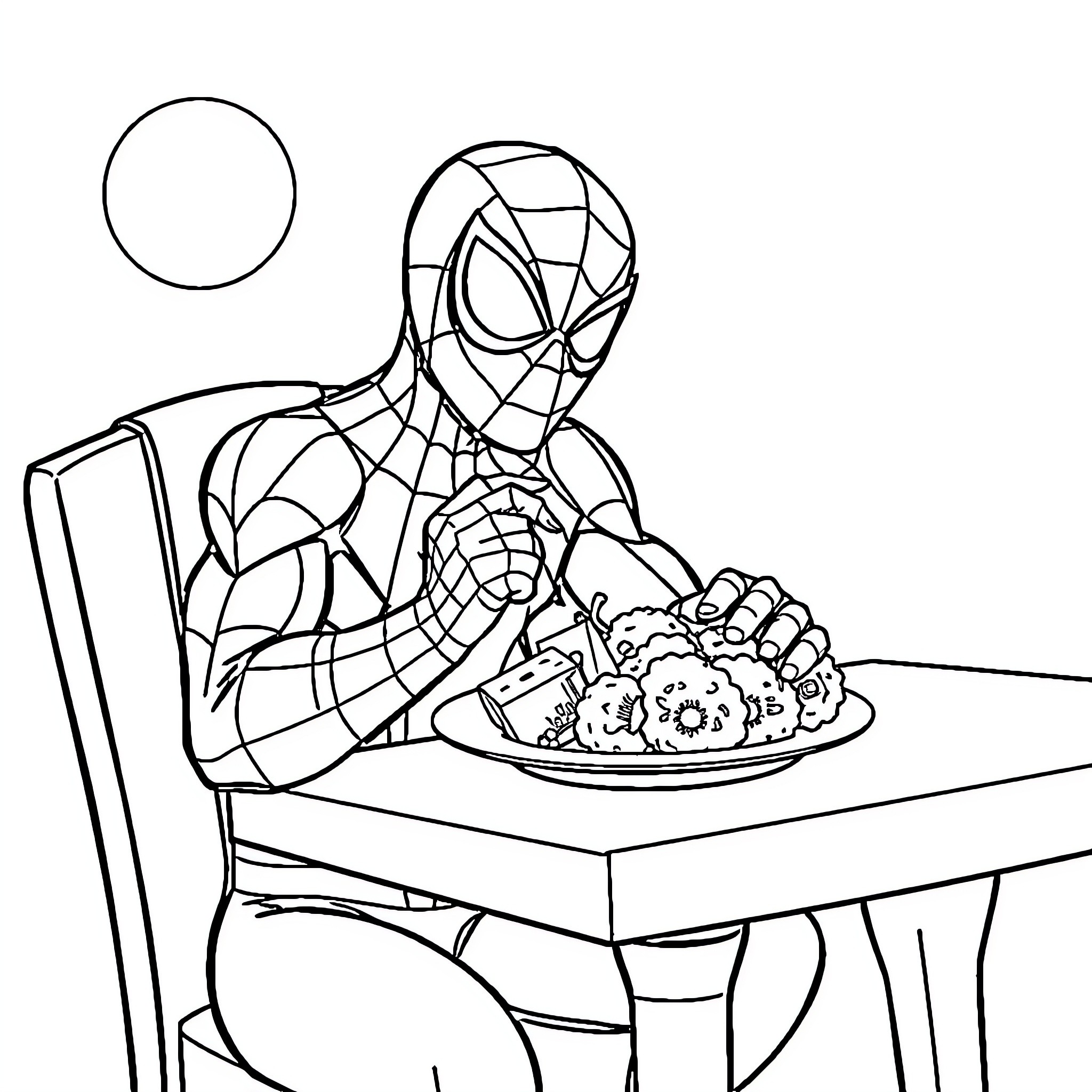 Spiderman enjoying a tasty meal Coloring Page (free black-and-white line drawing printable PDF for all, from beginners to advanced learners, including children, teens, adults, and seniors)