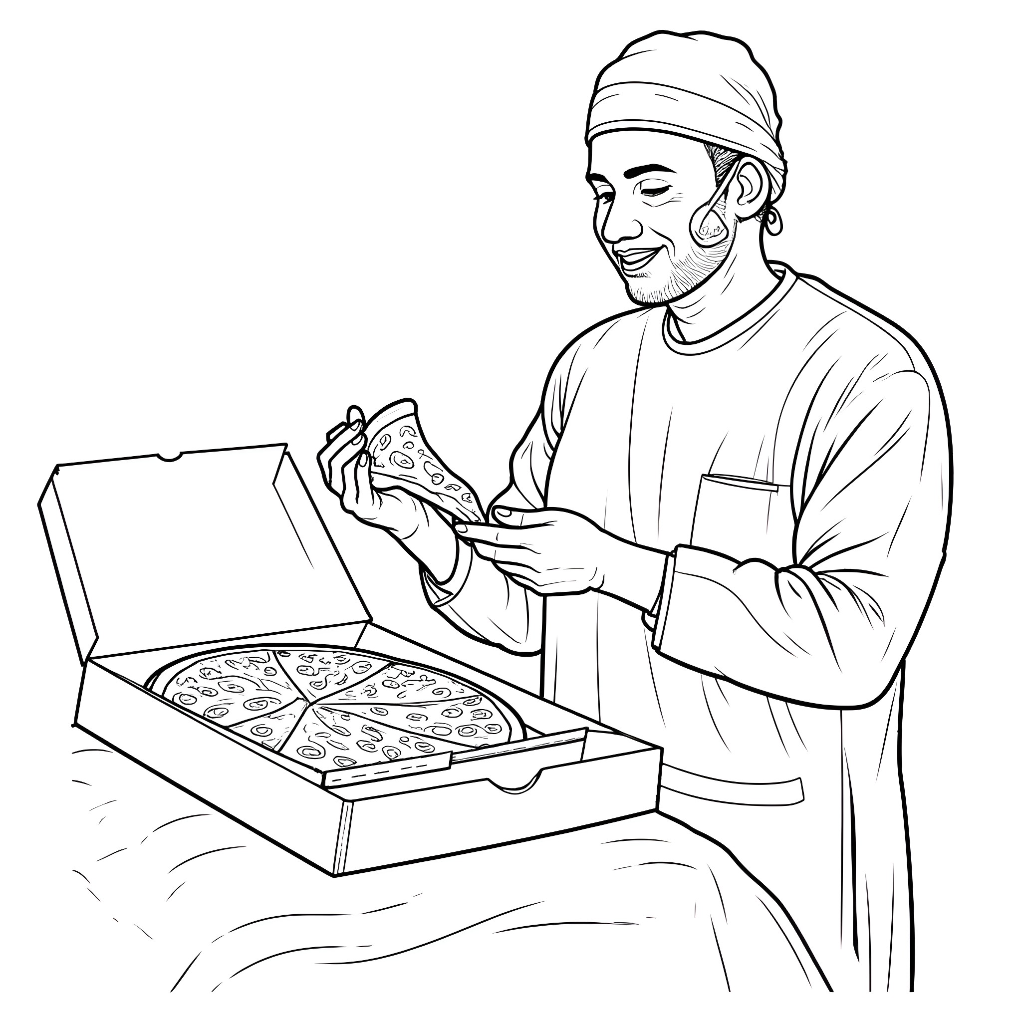 Doctor Enjoying a Pizza Break Coloring Page (free black-and-white line drawing printable PDF for all, from beginners to advanced learners, including children, teens, adults, and seniors)