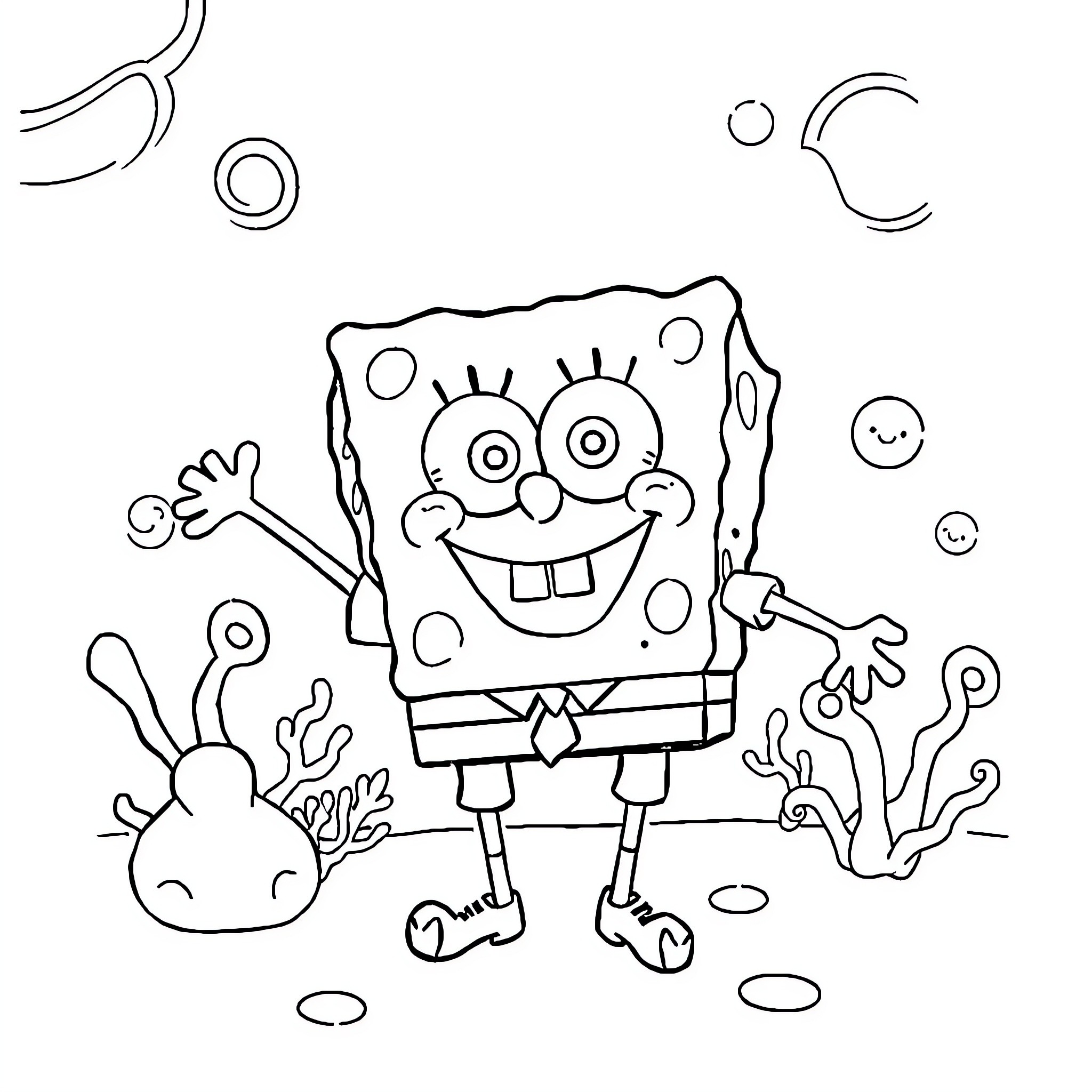 Spongebob's Underwater Adventure Coloring Page (free black-and-white line drawing printable PDF for all, from beginners to advanced learners, including children, teens, adults, and seniors)