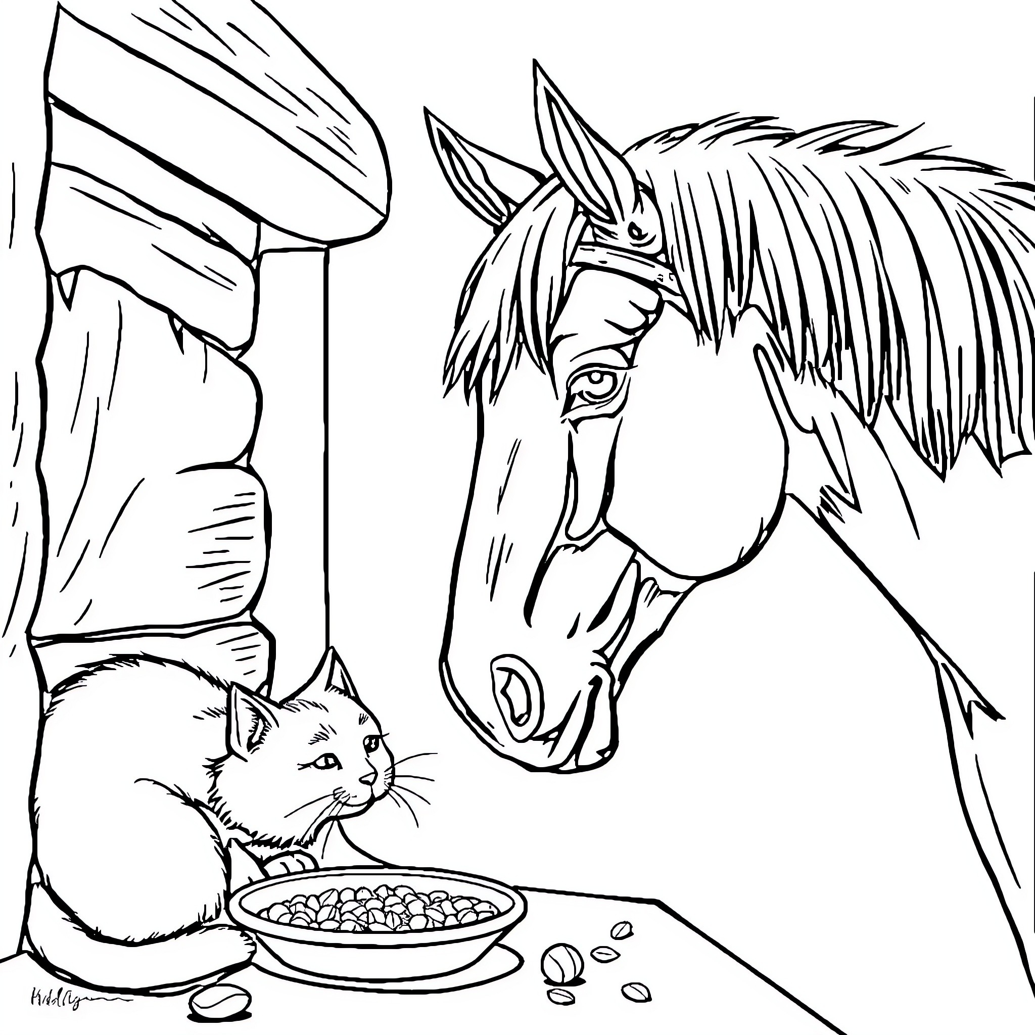 Cat and Horse Sharing Food Coloring Page (free black-and-white line drawing printable PDF for all, from beginners to advanced learners, including children, teens, adults, and seniors)