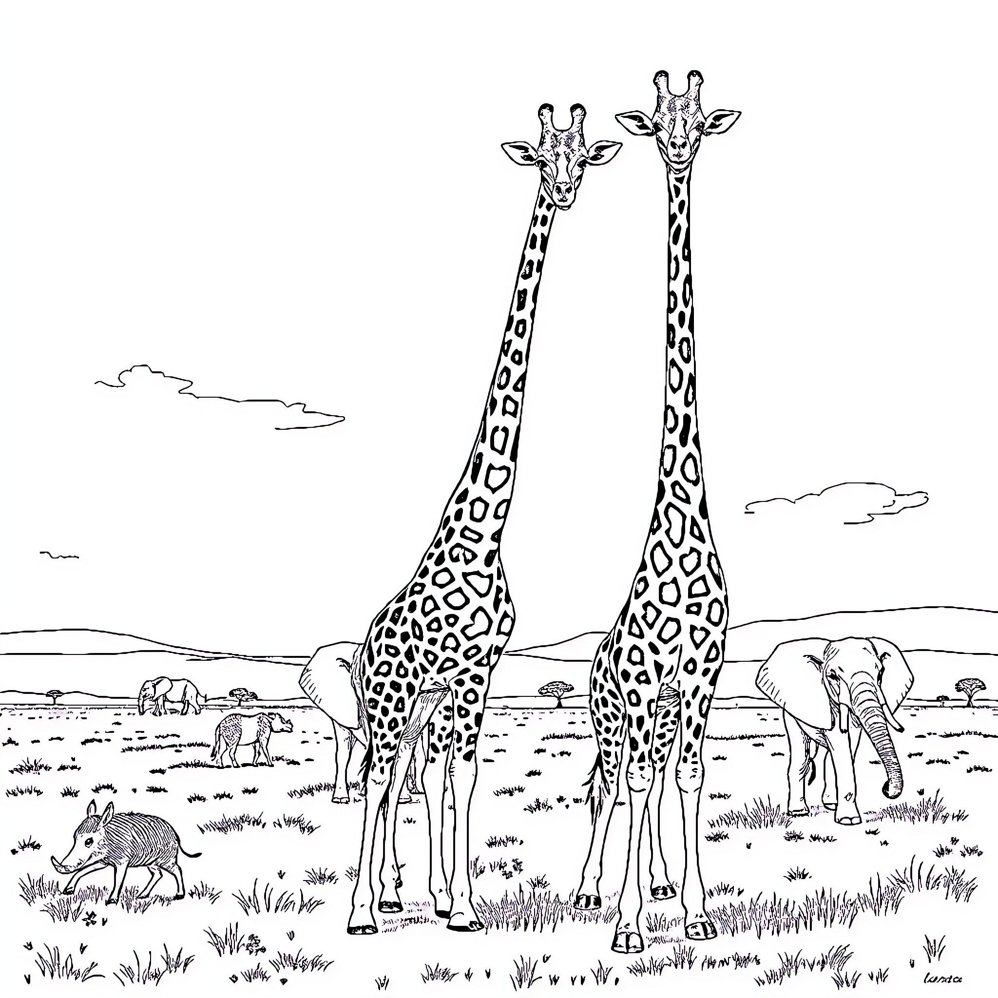 Giraffe pair exploring the grasslands Coloring Page (free black-and-white line drawing printable PDF for all, from beginners to advanced learners, including children, teens, adults, and seniors)