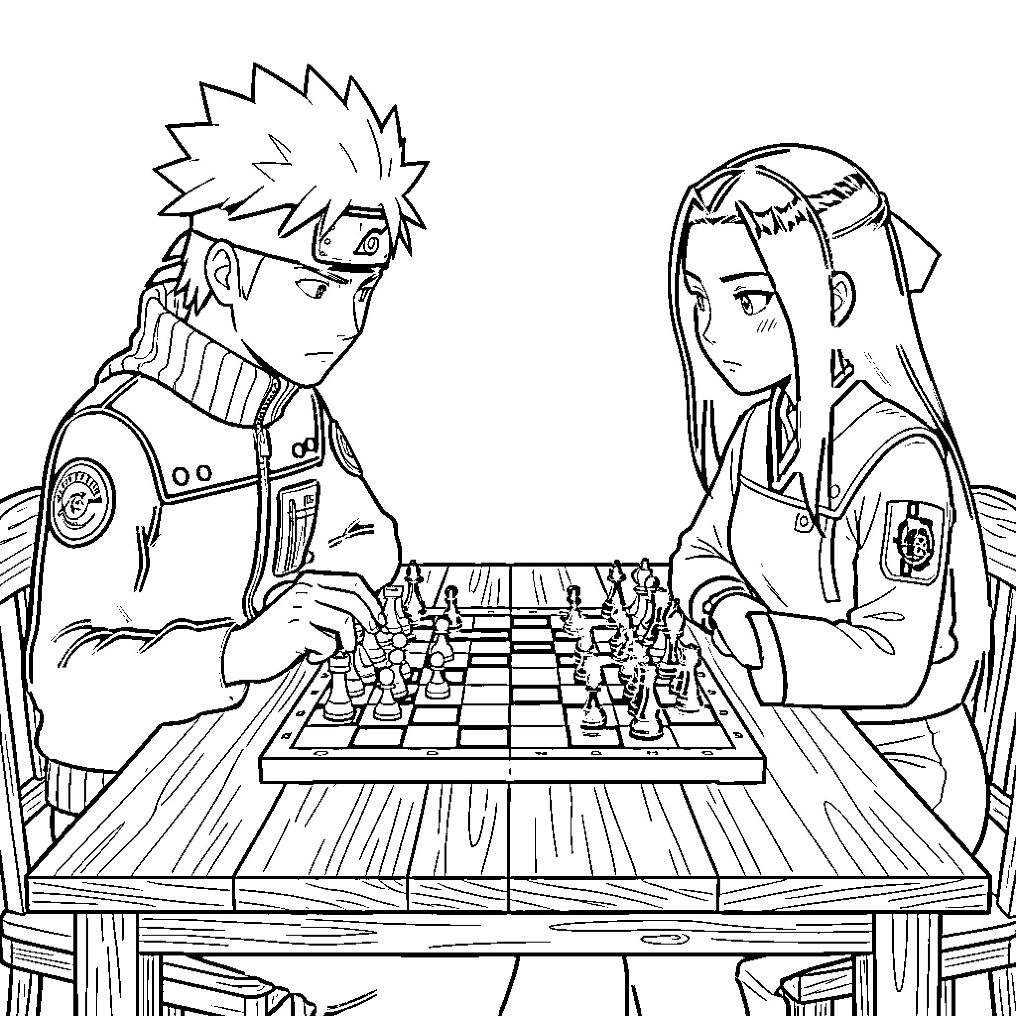 Naruto and a girl playing chess at a table Coloring Page (free black-and-white line drawing printable PDF for all, from beginners to advanced learners, including children, teens, adults, and seniors)
