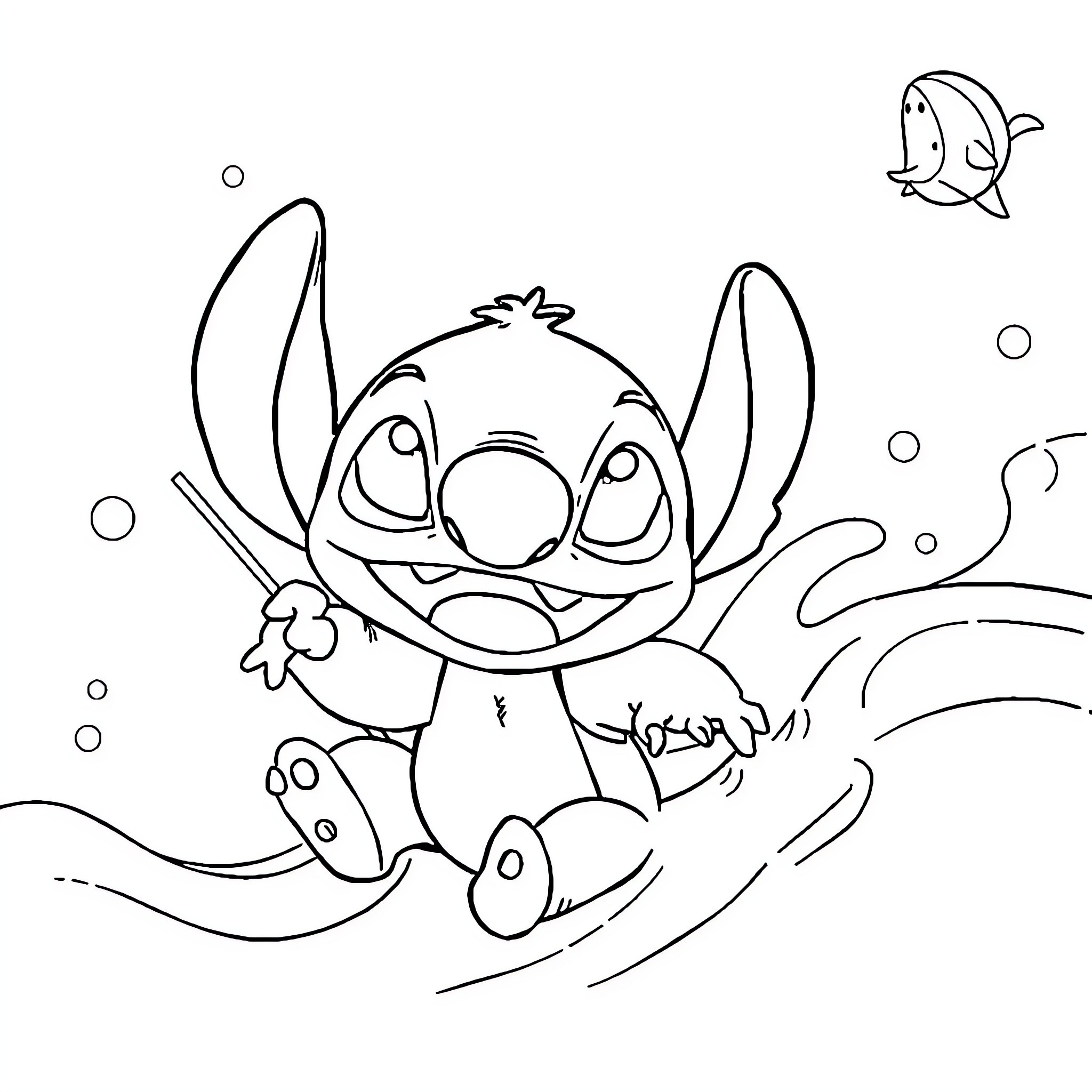 Poulpe cheerfully swimming with small fish Coloring Page (free black-and-white line drawing printable PDF for all, from beginners to advanced learners, including children, teens, adults, and seniors)