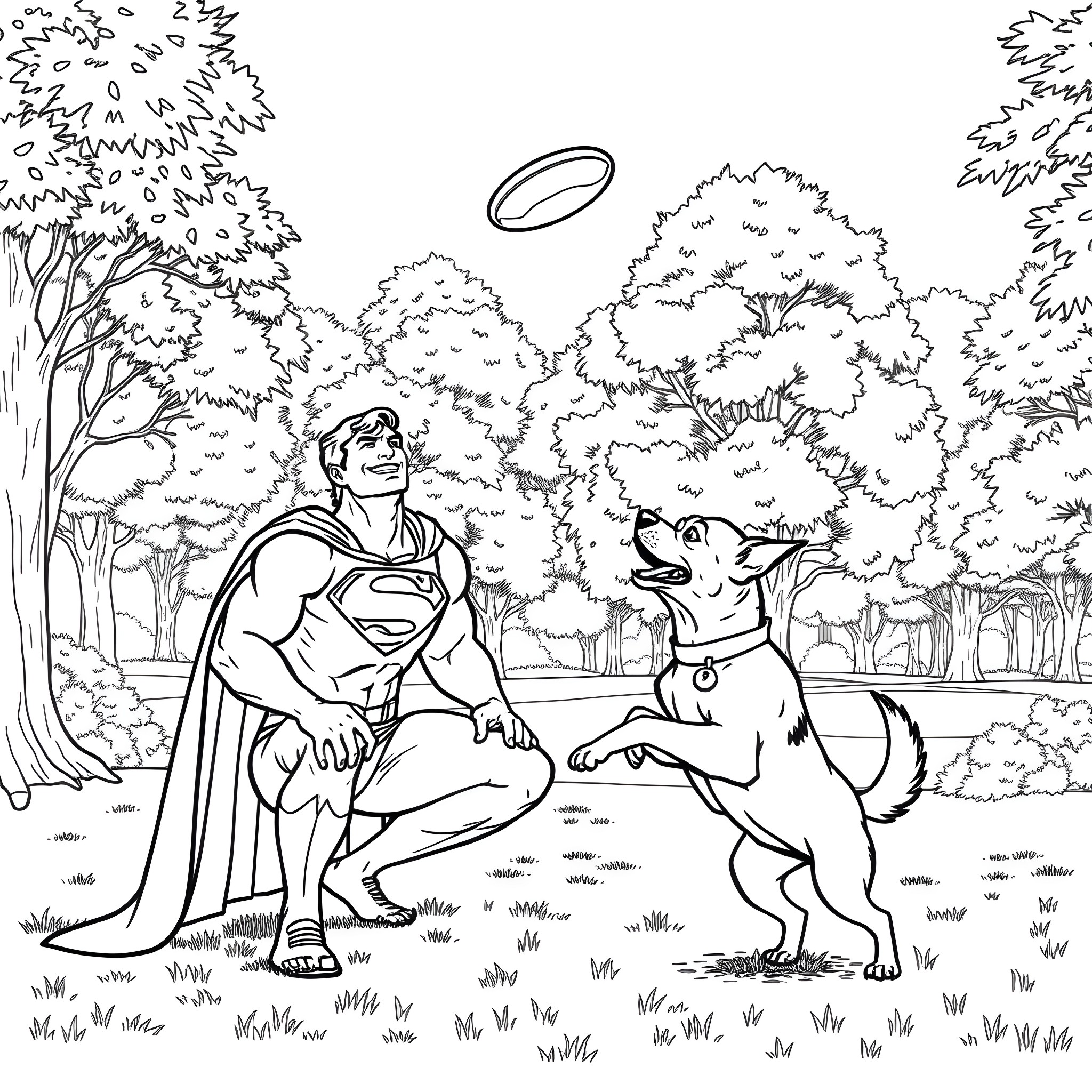 Superman playing with his pet dog in a peaceful forest Coloring Page (free black-and-white line drawing printable PDF for all, from beginners to advanced learners, including children, teens, adults, and seniors)