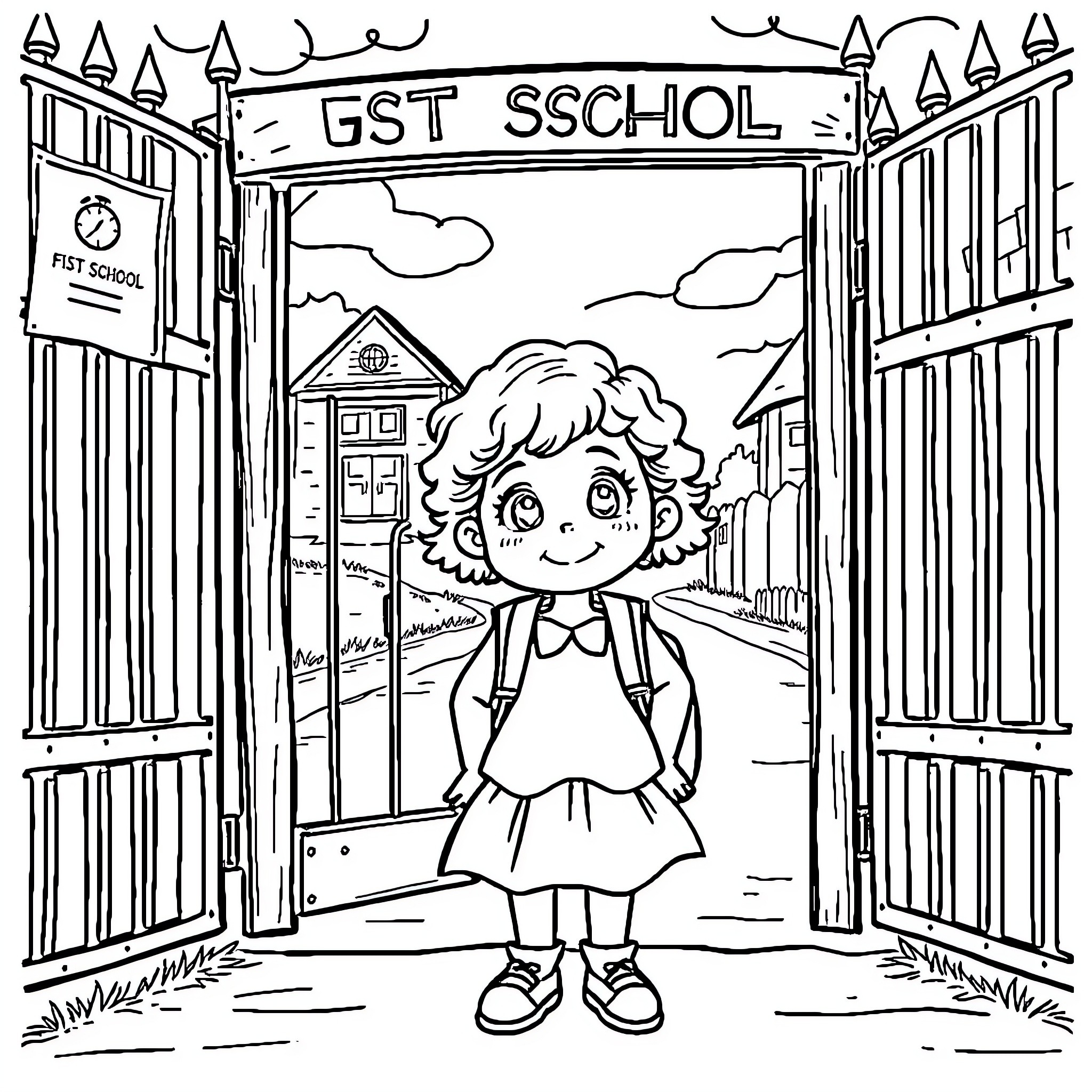 Girl walking through school gates on a sunny day Coloring Page (free black-and-white line drawing printable PDF for all, from beginners to advanced learners, including children, teens, adults, and seniors)
