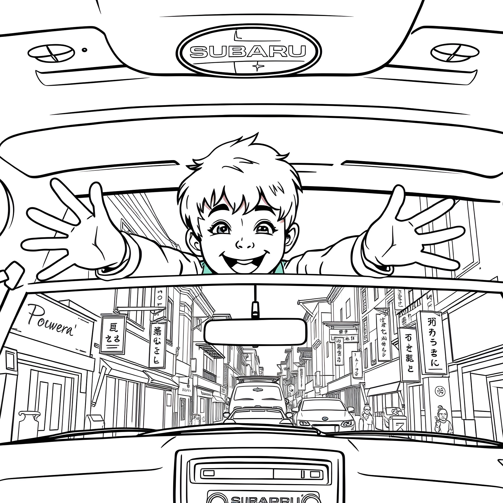 Teenager enjoying a ride in the car Coloring Page (free black-and-white line drawing printable PDF for all, from beginners to advanced learners, including children, teens, adults, and seniors)