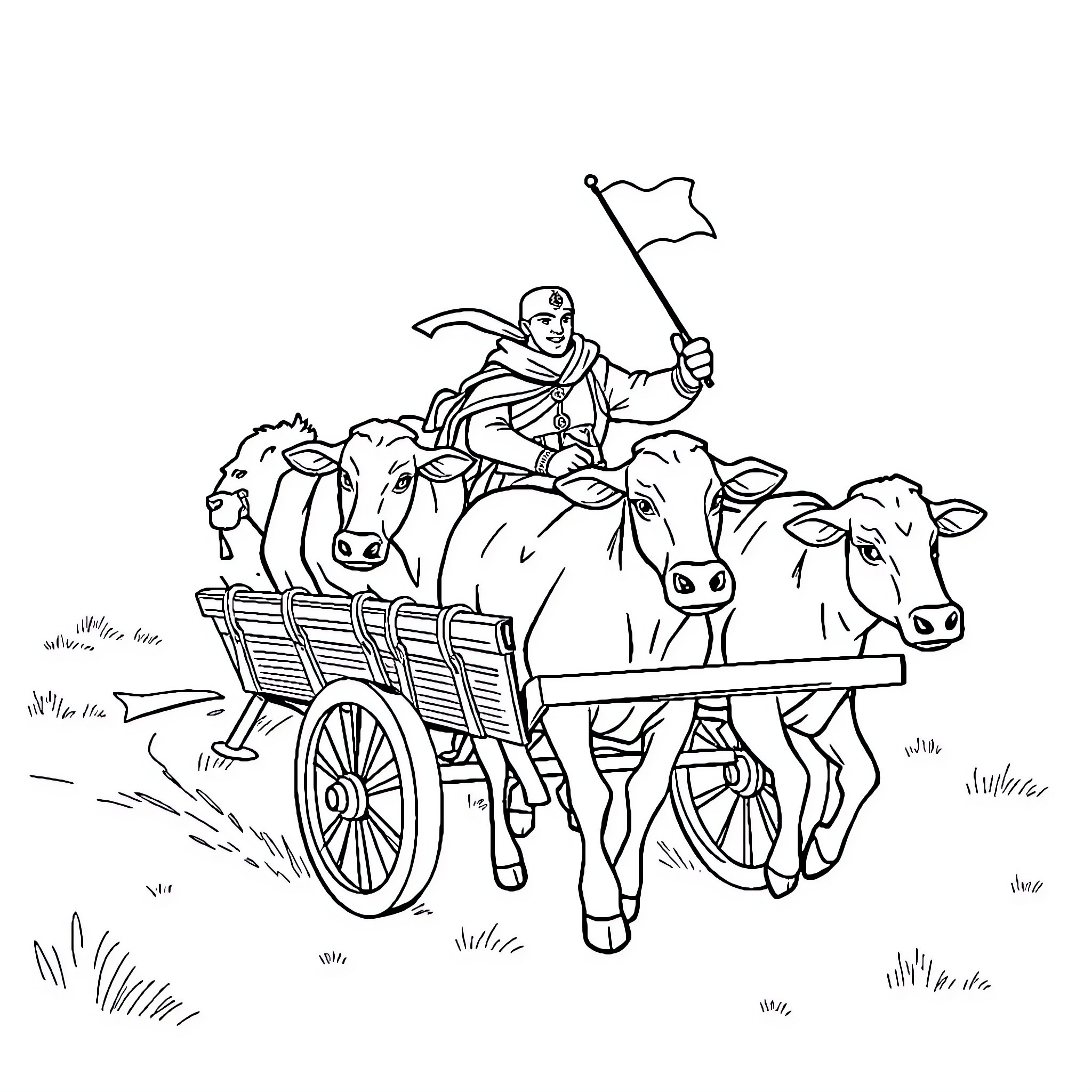 Cow-drawn cart with person waving flag Coloring Page (free black-and-white line drawing printable PDF for all, from beginners to advanced learners, including children, teens, adults, and seniors)