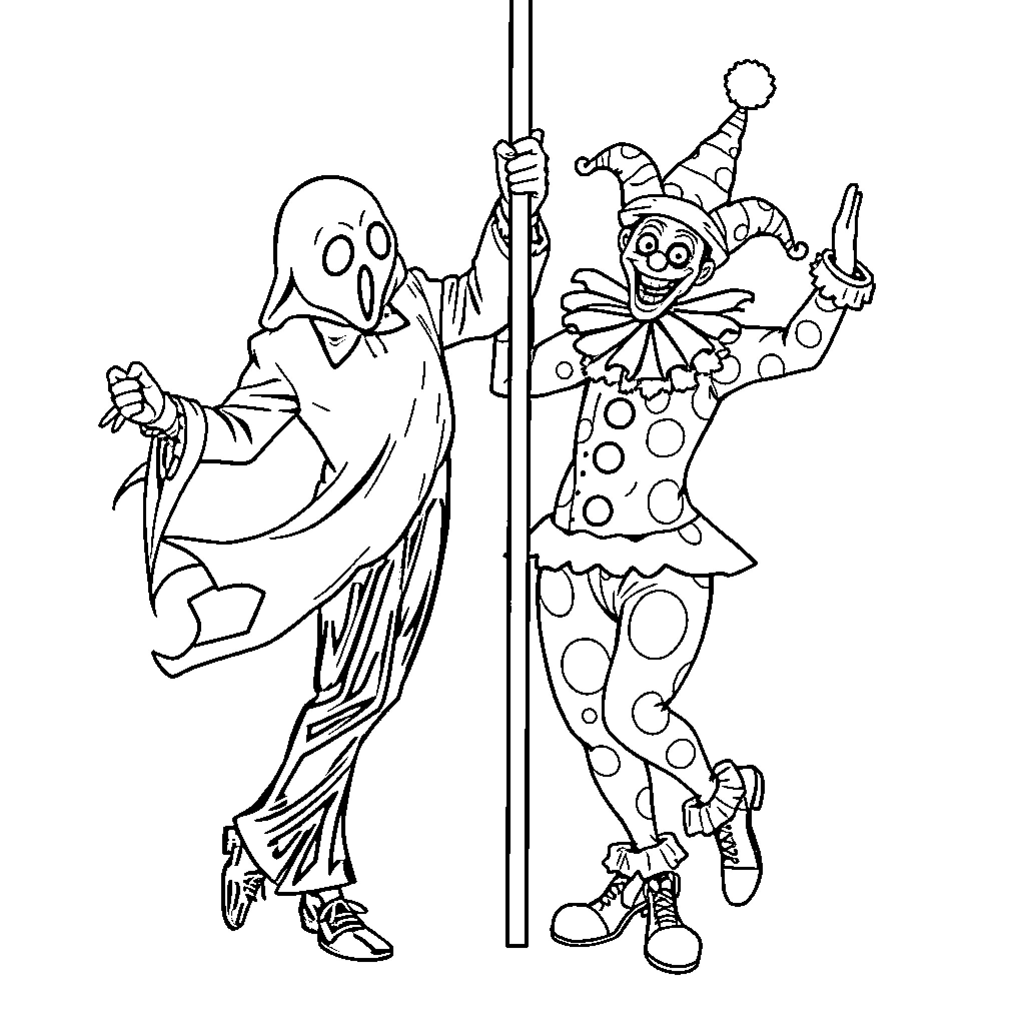 Ghostface characters in comical Halloween costumes Coloring Page (free black-and-white line drawing printable PDF for all, from beginners to advanced learners, including children, teens, adults, and seniors)