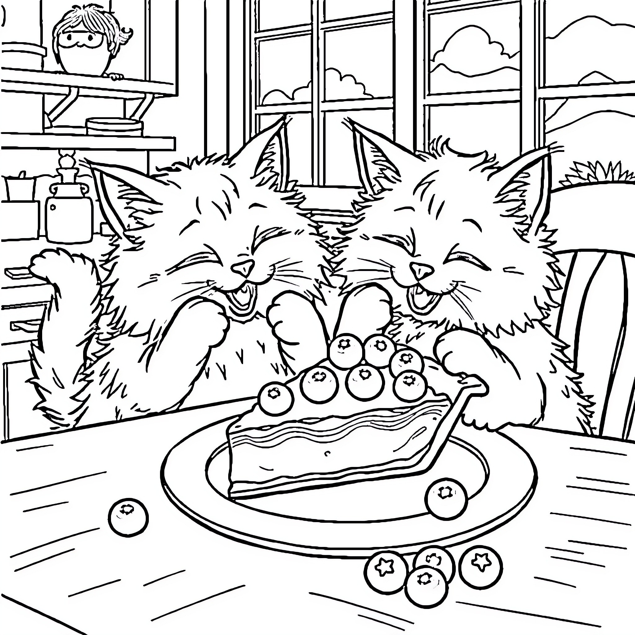 Cat enjoying a tasty treat in the kitchen Coloring Page (free black-and-white line drawing printable PDF for all, from beginners to advanced learners, including children, teens, adults, and seniors)
