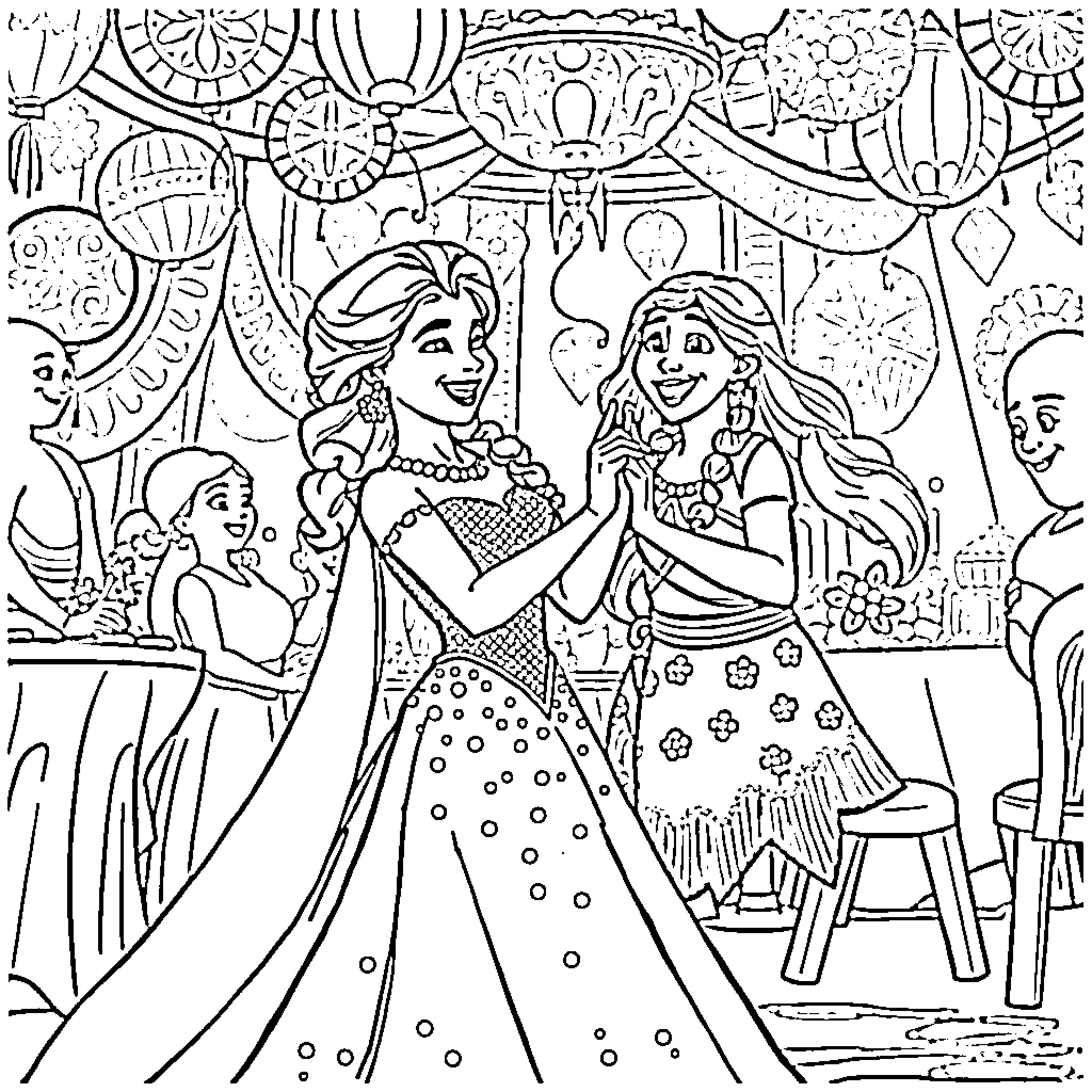 Elsa and Anna enjoying a festive celebration Coloring Page (free black-and-white line drawing printable PDF for all, from beginners to advanced learners, including children, teens, adults, and seniors)