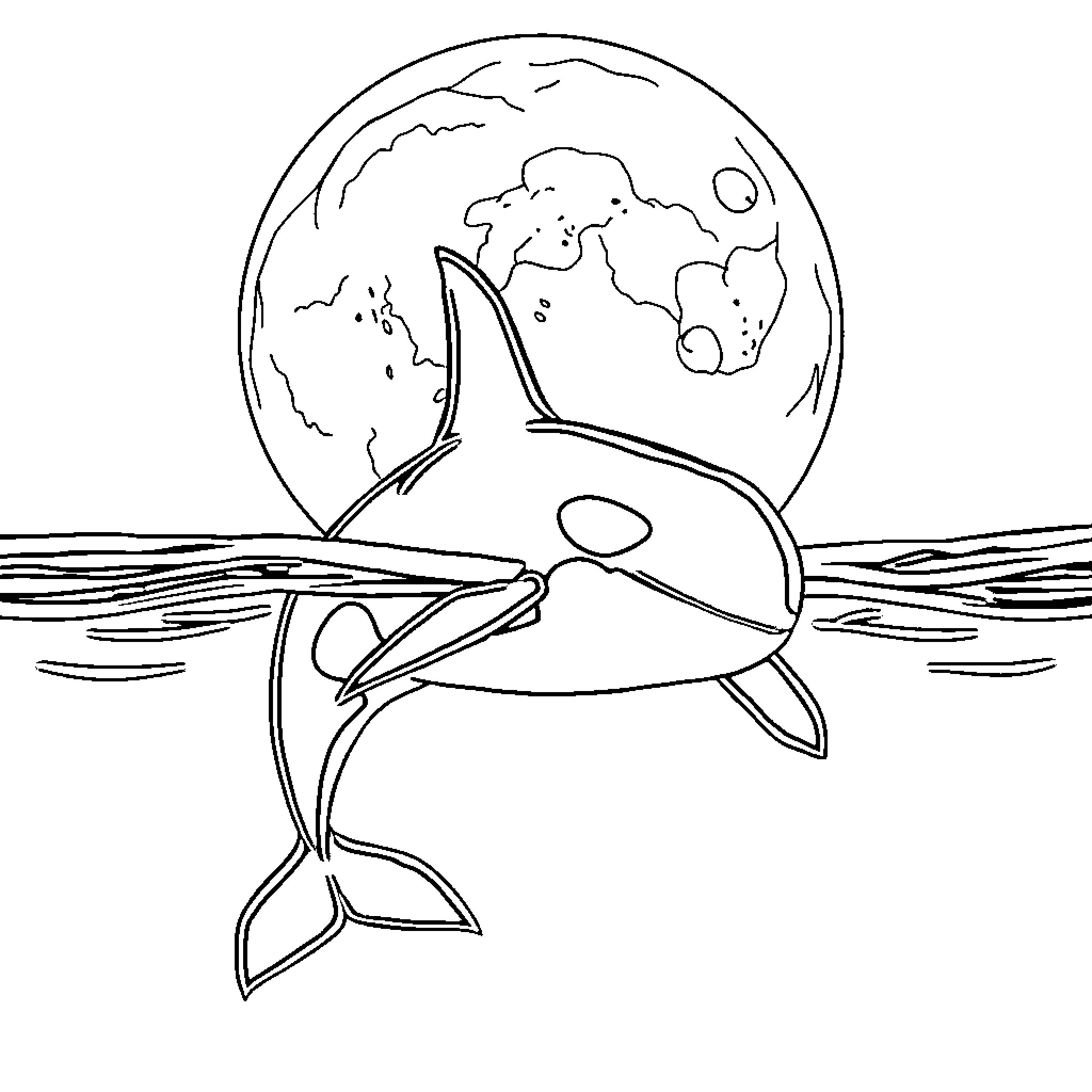 Orca swimming in the ocean under a full moon Coloring Page (free black-and-white line drawing printable PDF for all, from beginners to advanced learners, including children, teens, adults, and seniors)