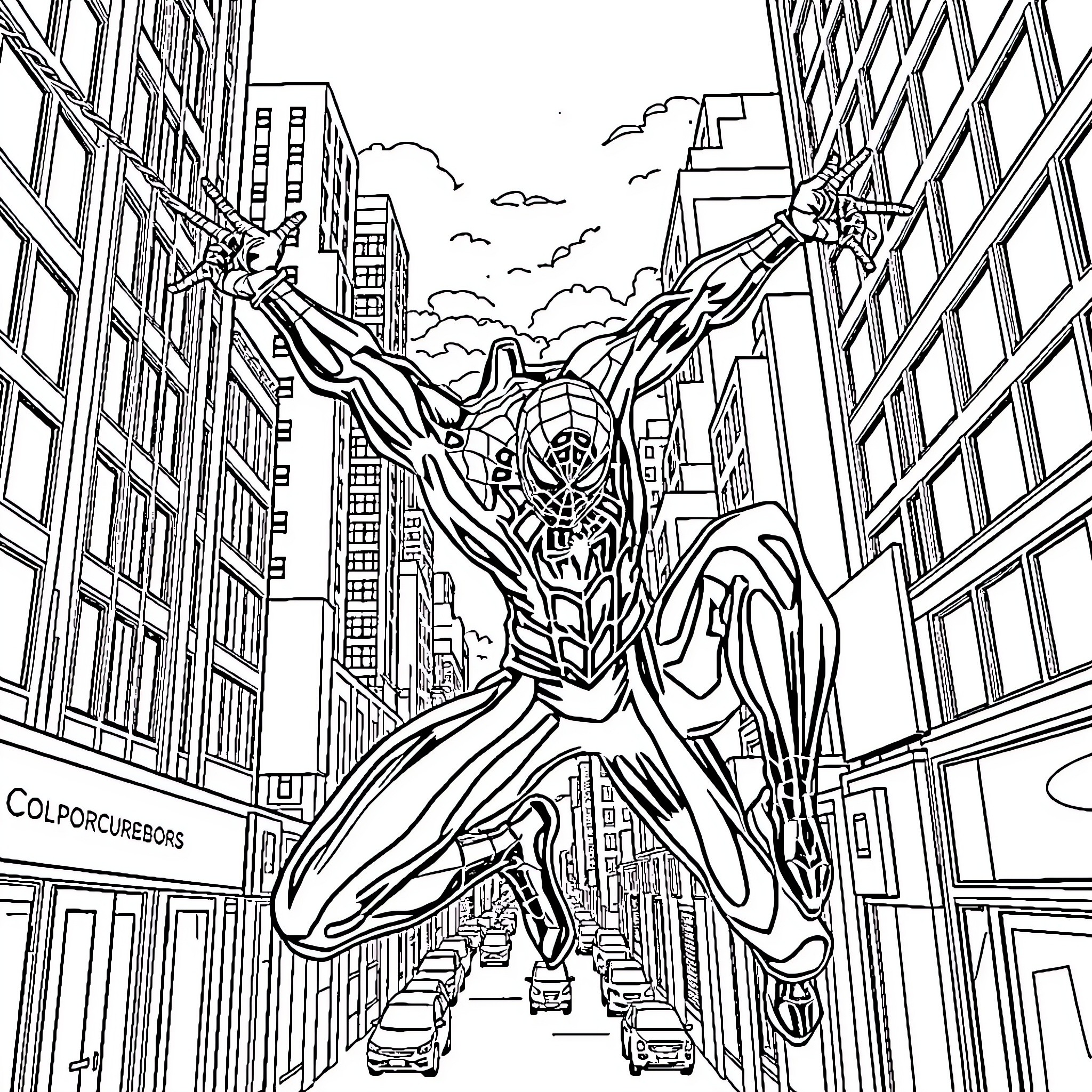 Spiderman swinging through the city skyline Coloring Page (free black-and-white line drawing printable PDF for all, from beginners to advanced learners, including children, teens, adults, and seniors)