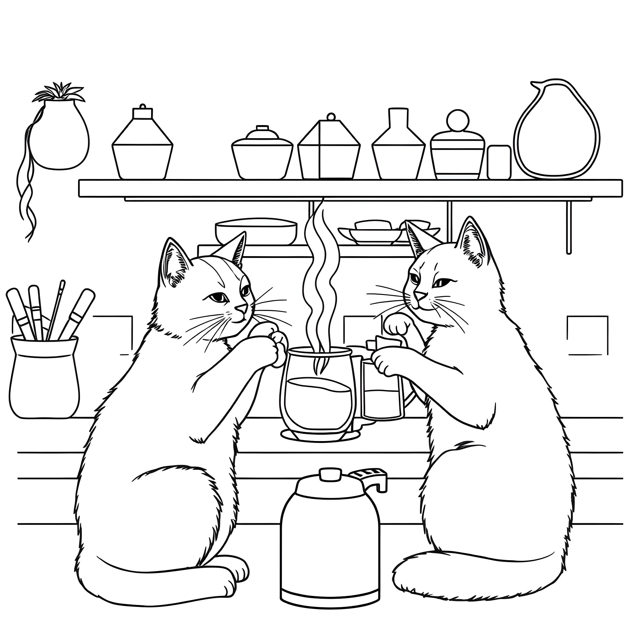 Cats exploring kitchen shelves Coloring Page (free black-and-white line drawing printable PDF for all, from beginners to advanced learners, including children, teens, adults, and seniors)